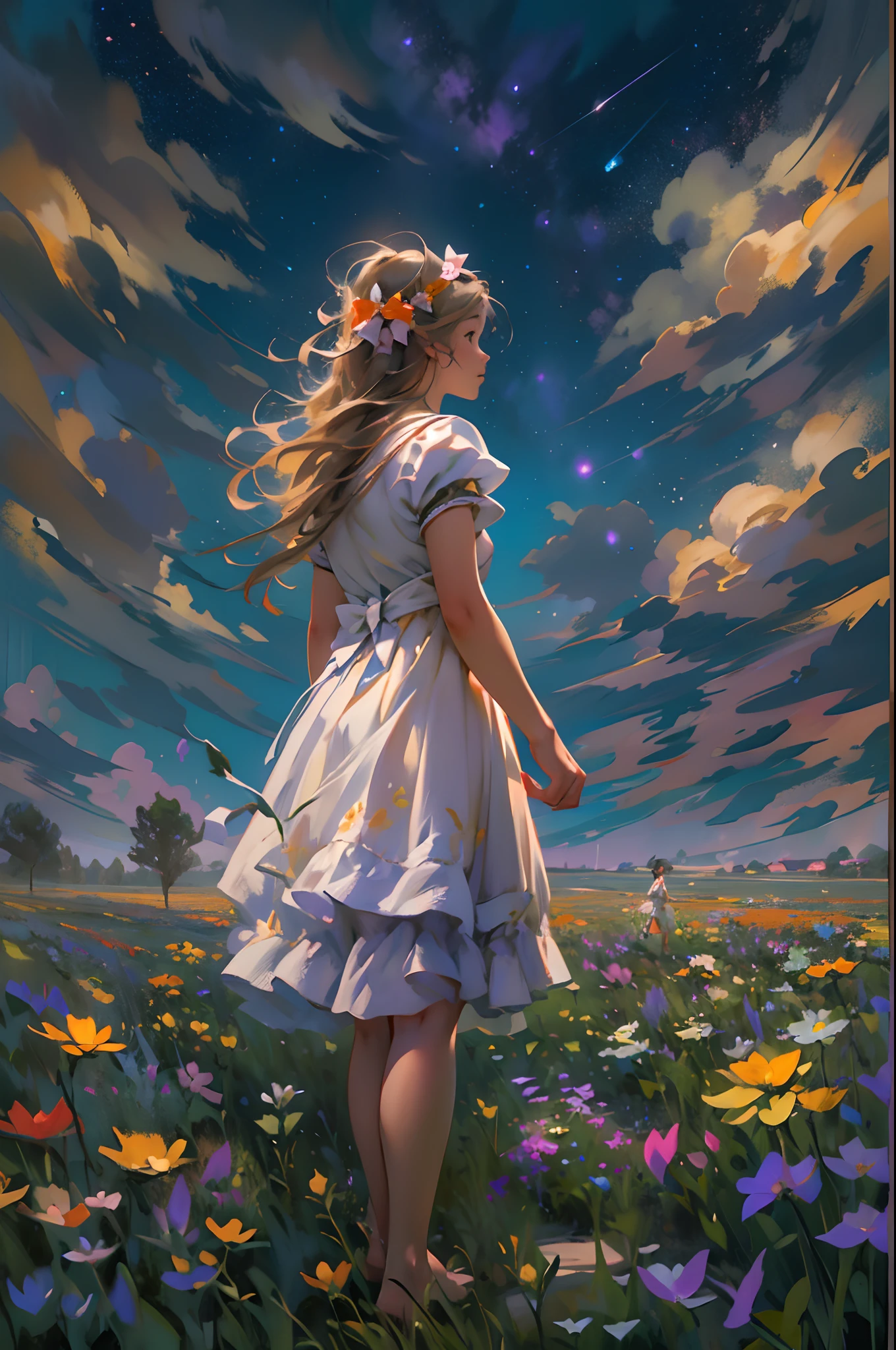 alice in the wonderland, (A bow on the head:1.1), Upper body,There is a girl standing in a flower field looking up at the sky, A girl standing in a flower field, A girl walks in a flower field, Get lost in a fantastic wonderland, standing in flower field, dreamlike digital painting, The sky is gradually clearing, The starry sky gradually receded,(Monet, Impresionismo, Oil painting), Barefoot,Barefoot,01,