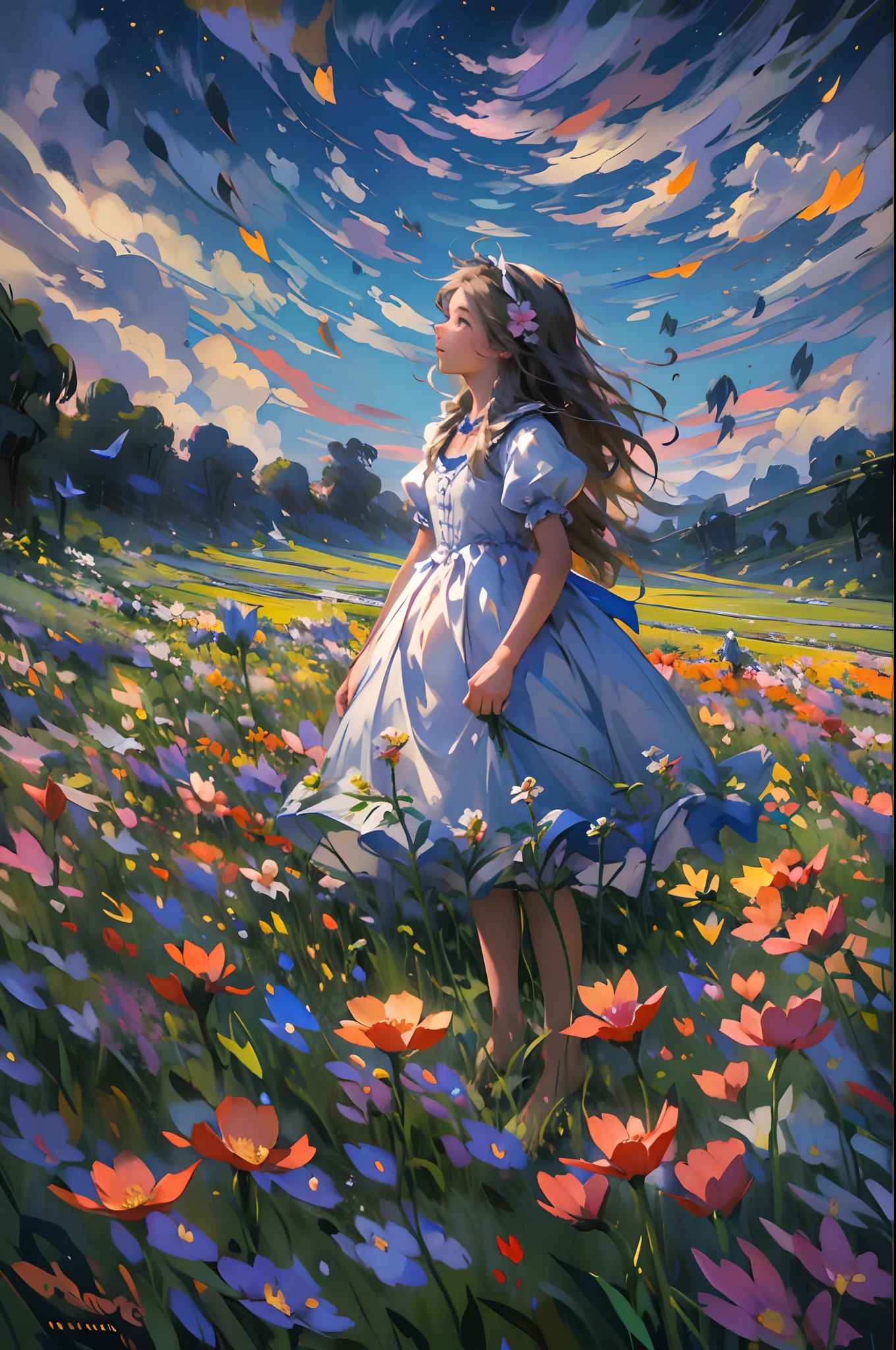 alice in the wonderland, (A bow on the head:1.1), Upper body，There is a girl standing in a flower field looking up at the sky, A girl standing in a flower field, A girl walks in a flower field, Get lost in a fantastic wonderland, standing in flower field, dreamlike digital painting, The sky is gradually clearing, The starry sky gradually receded，(Monet, Impresionismo, Oil painting), Barefoot，Barefoot，01，