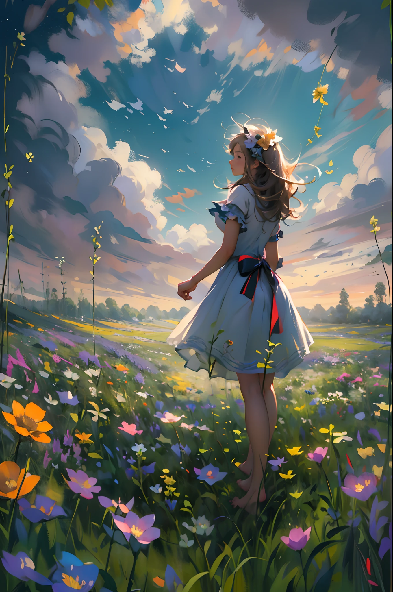 alice in the wonderland, (A bow on the head:1.1), Upper body,There is a girl standing in a flower field looking up at the sky, A girl standing in a flower field, A girl walks in a flower field, Get lost in a fantastic wonderland, standing in flower field, dreamlike digital painting, The sky is gradually clearing, The starry sky gradually receded,(Monet, Impresionismo, Oil painting), Barefoot,Barefoot,01,