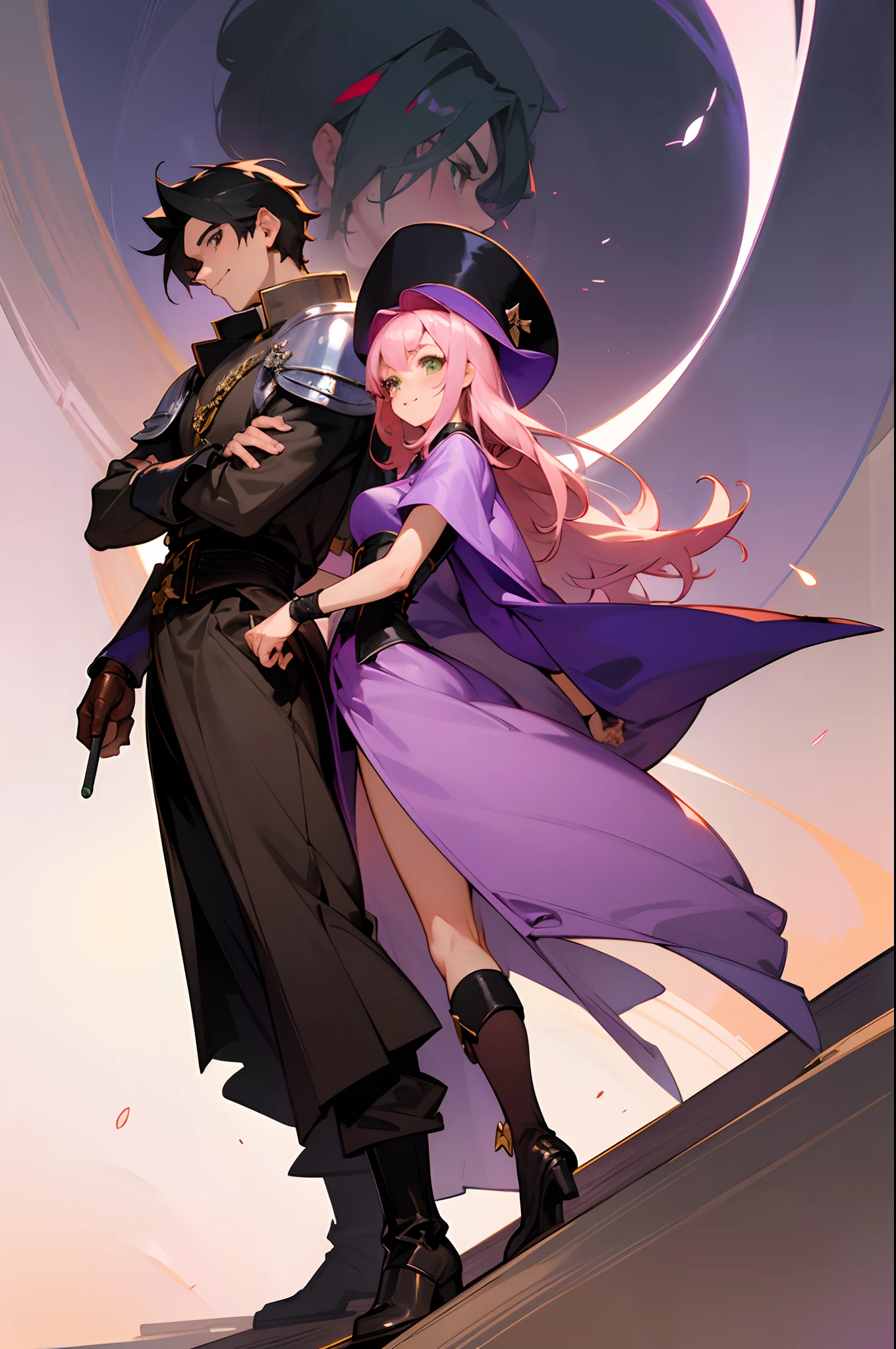 masterpiece, perfectly detailed, anime style, princess conect style, literal, full body, standing, hugging, 1 couple of 1 man, male, black hair, brown eyes, toned body, serious look, clergyman, ecclesial robe, bare head ,
  light leather armor, mace in left hand. and 1 woman, feminine, long pink hair, green almond eyes, medium breasts, thick thighs, witch, purple witch outfit, hat, skirt, leather boots and gloves, corset, mischievous look, mischievous smile