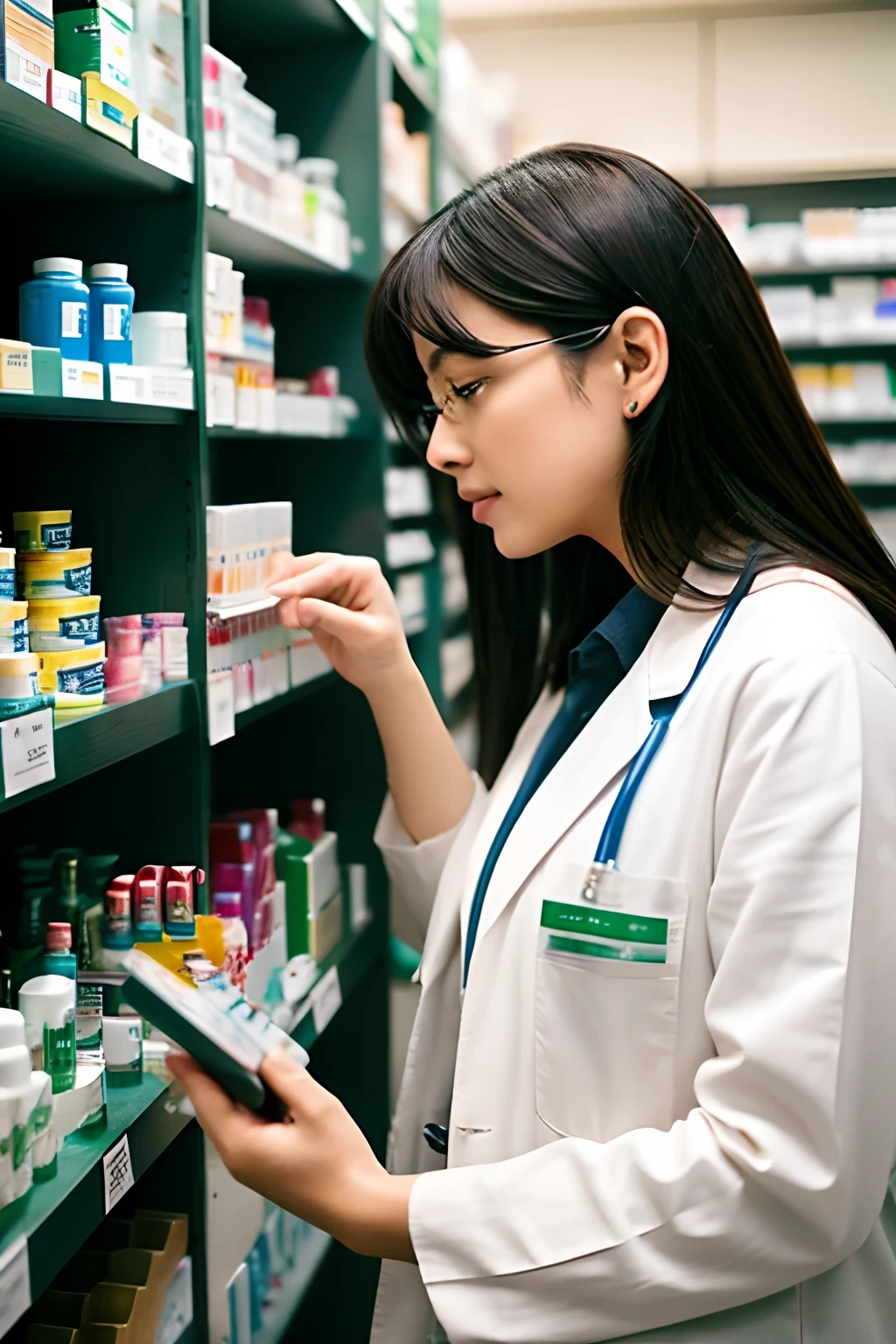 Image of a female pharmacist trying to select a medicine from the shelf