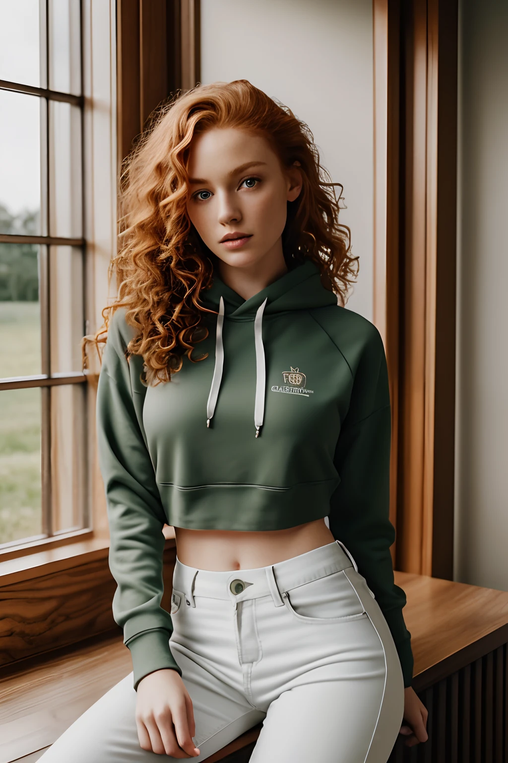 1girl in, 19, Solo, Aesthetic artwork, irish redhead, curly ginger hair, shoulder length ginger hair, gray eyes, light grey eyes, some small freckles, pale skin, (B-cup, medium breasts), runners body, detailed skin texture, sitting down having coffee, drinking coffee, (extremely detailed 8k wallpaper), soft lighting, high quality, film grain, Fujifilm XT3 sharp focus, f 5.6, 50mm, High Detail, Sharp focus,(natural light), green crop top hoodie, forest green crop top, white jeans, crazy details, complex details, hyperdetailed