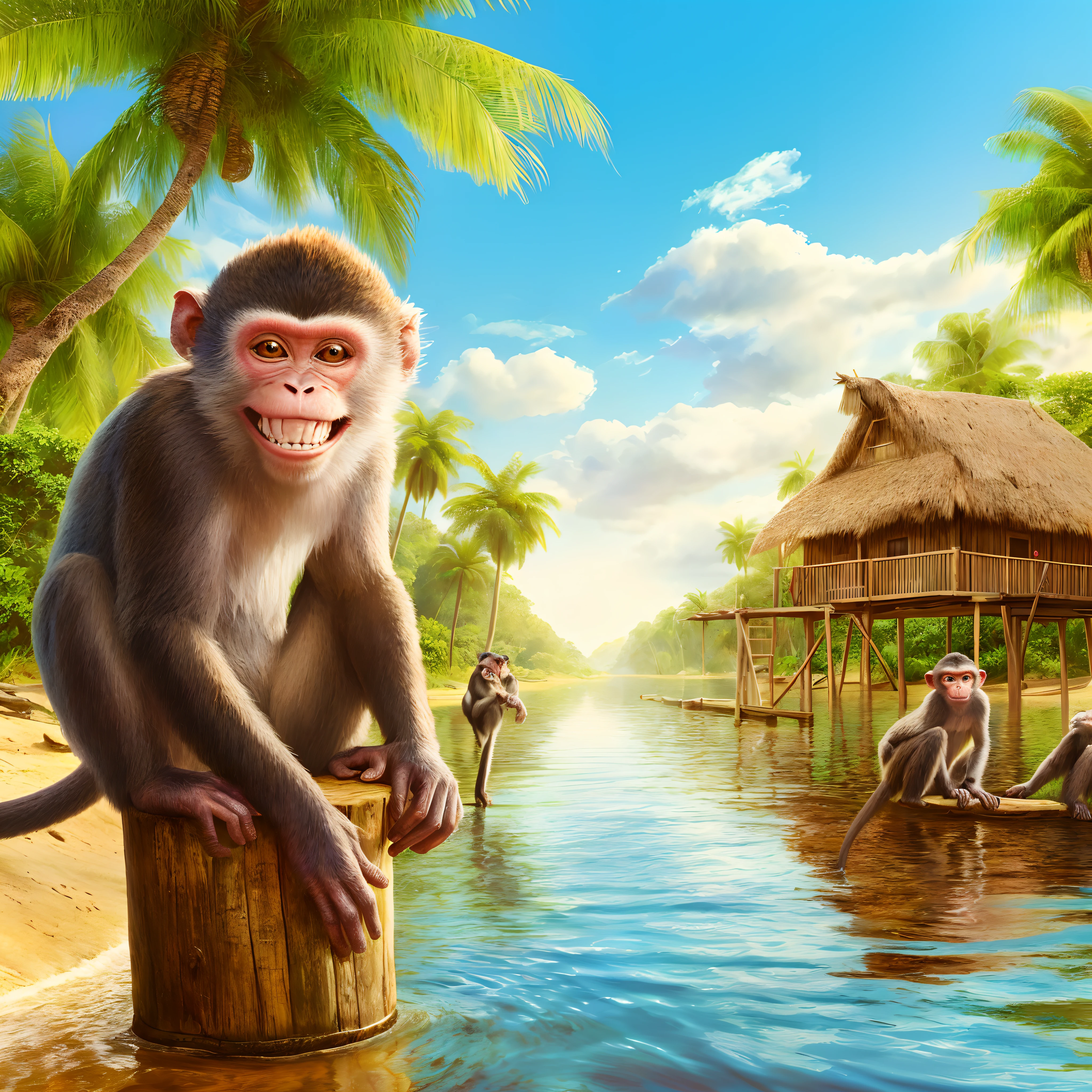 Mono arafed sentado en un poste de madera en el agua, humanoid monkey fantasy race, Simio aburrido NFT, amazing wallpaper, Adorable pintura digital, Monos, Highly detailed illustration, Antecedentes altamente detallados, Arte de pintura de dibujos animados digitales, Ilustraciones de fondo, Pintura digital altamente detallada, Hermosa obra de arte digital, Pintura realista de 64 bits, Fondo de pantalla HD, Ilustraciones digitales altamente detalladas