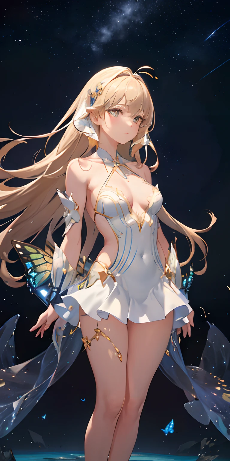 (extremely detailed CG unity 16k wallpaper:1.1), (Denoising strength: 1.45), (tmasterpiece:1.37), (Full body posing:1.4:), whole-length, Dynamic angle, starry sky, lifelike texture, side lighting, Amazing, Beautiful golden eyes, finely detail, extremely detailed CG unity 8k wallpaper, (((Long dark blond hair))), ((red mediumhair)), (1 girl), ))))), (hair ribbon), ((Beautiful butterflies in detail)), (((halter dress ))), huge ahoge, particle, (((solo))), (Background of details), standing, (Starry sky in beautiful detail), (((gloom (expression) depressed))), (Hazy fog), (((Very long hair))), {Fluttering hair}, {Thick hair}, {{{Gelatinous texture}}}, {profile}, (Ruins of beautiful details), (((Standing on the surface of the sea))), {Close-up of people}, {{{Smooth skin}}}, (((upper body))), (Smooth and radiant skin), (Smooth and radiant face), Perfect details, Beautifully gorgeous necklace, Depth of field, sparkle, glowing light, ray tracing, ((masterpiece)), (masterpiece), best quality, best quality, masterpiece, UHD