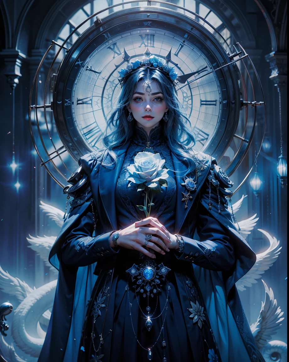 A single, vibrant blue rose, encircled in a perfect circle, delicately placed on a clock face with intricate silver hands, against a pristine white backdrop.