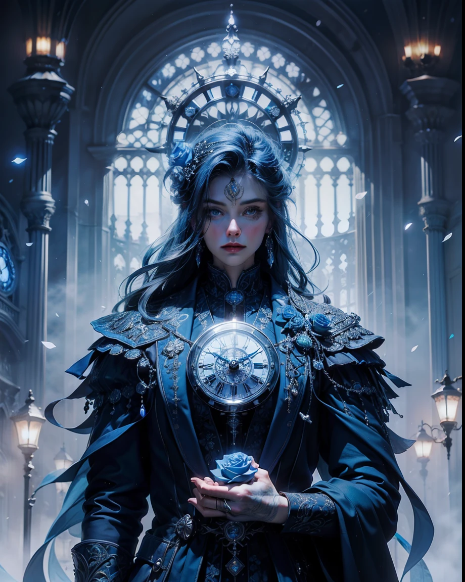 A single, vibrant blue rose, encircled in a perfect circle, delicately placed on a clock face with intricate silver hands, against a pristine white backdrop.
