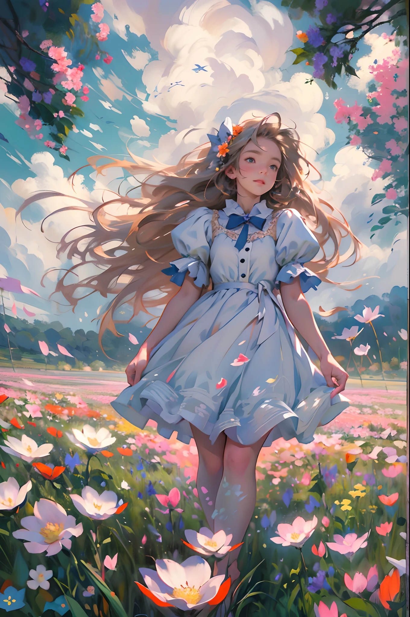 alice in the wonderland, (A bow on the head:1.1), Upper body,There is a girl standing in a flower field looking up at the sky, A girl standing in a flower field, A girl walks in a flower field, Get lost in a fantastic wonderland, standing in flower field, dreamlike digital painting, The sky is gradually clearing, The starry sky gradually receded,(Monet, Impresionismo, Oil painting), Barefoot,Barefoot,01,