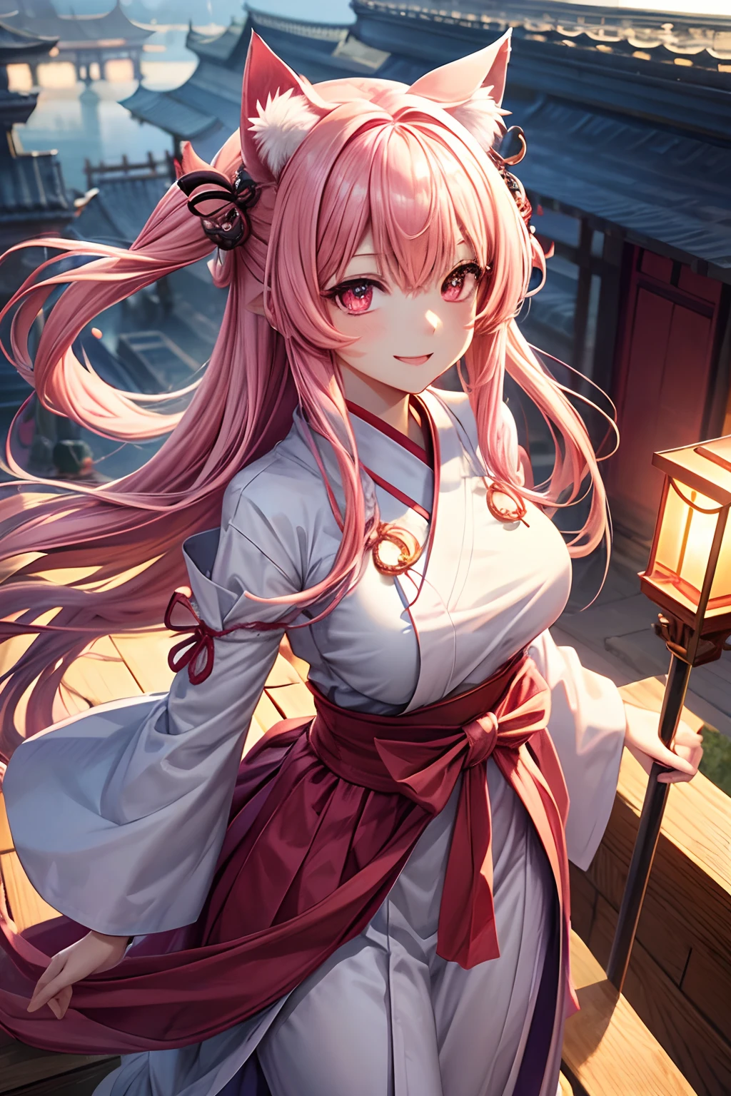 Top quality, high resolution, perfect human structure, figure focus, front view, glowing hair, glowing eyes, cat ears, pink hair, long, shrine, shrine maiden outfit, overall angles, happy smiling gradient eyes, swept bangs,