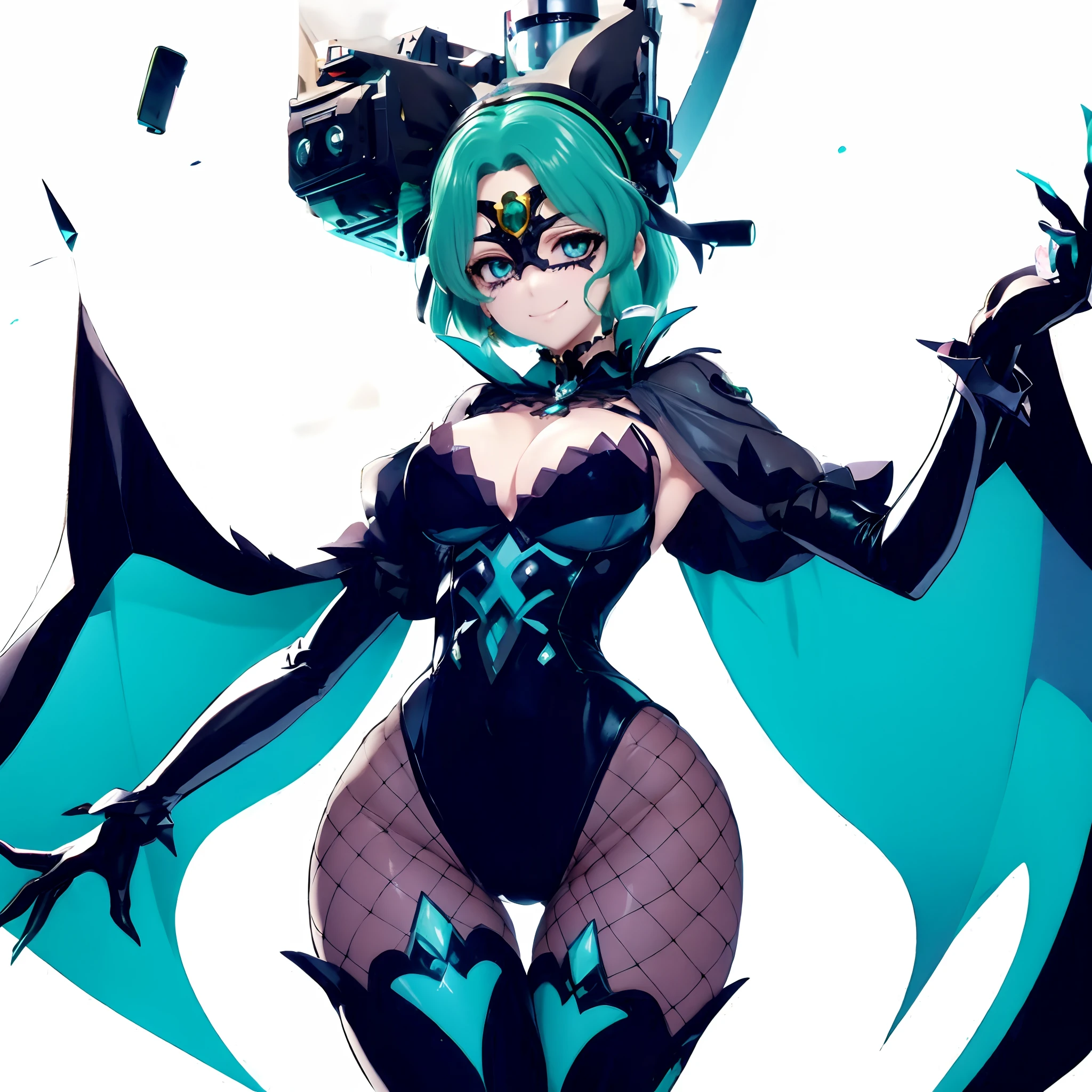 Sailor Neptune of the Fallen. female solo. Aqua color hair. Brainwashed eyes. A black mask that hides the eyes. Evil costume. nefarious smirk. Latex Costume. Full Body Stockings. Futuristic machine background.