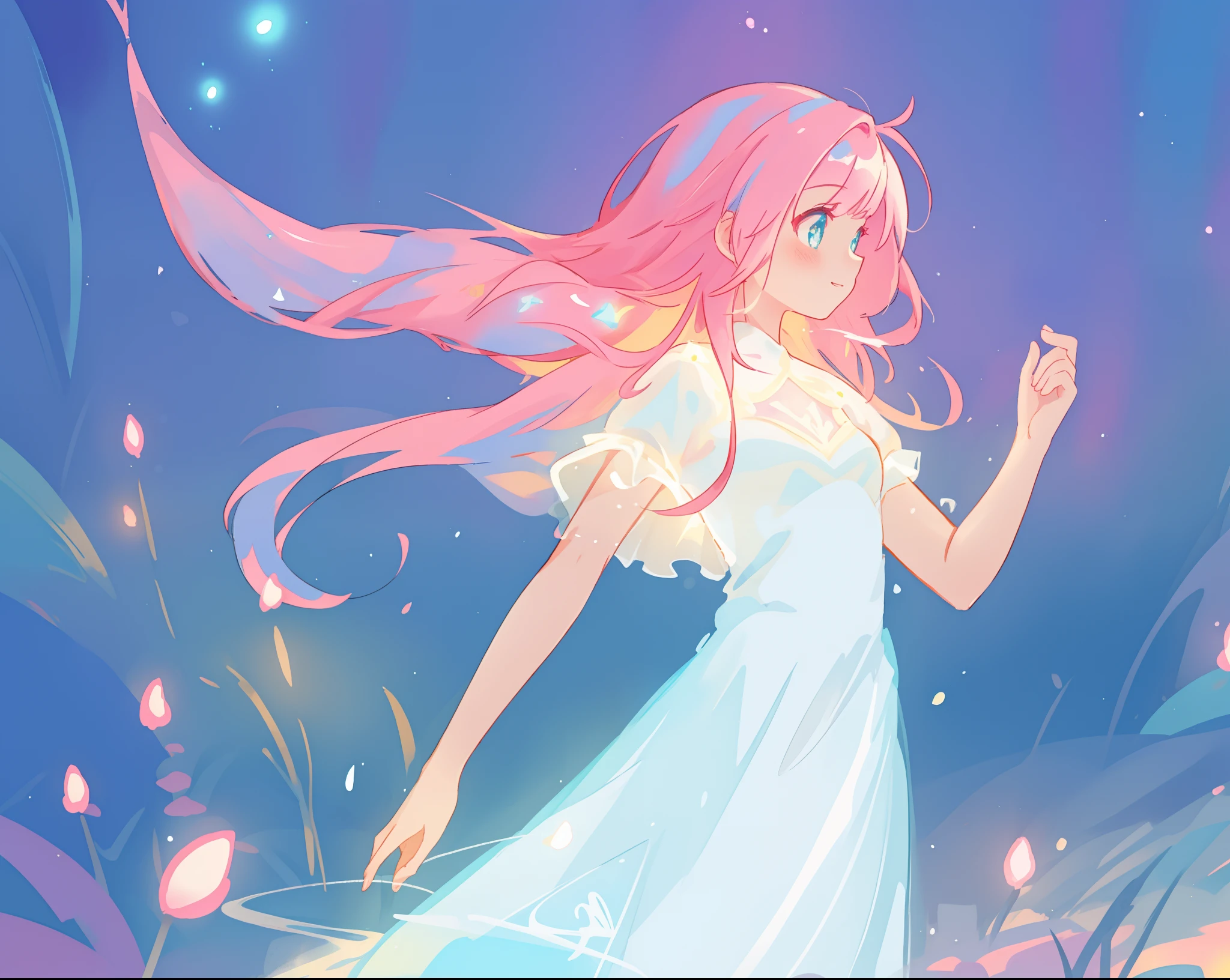 beautiful girl in glowing white dress, ((flowing white ballgown)), (looking away, profile view), vibrant pastel colors, (colorful), magical lights, long flowing colorful pink hair, ((glowing aura around her)), flowing glowing hair, fantasia landscape background, whimsical, magical, fantasy, beautiful face, ((masterpiece, best quality)), intricate details, highly detailed, sharp focus, 8k resolution, sparkling detailed eyes, liquid watercolor