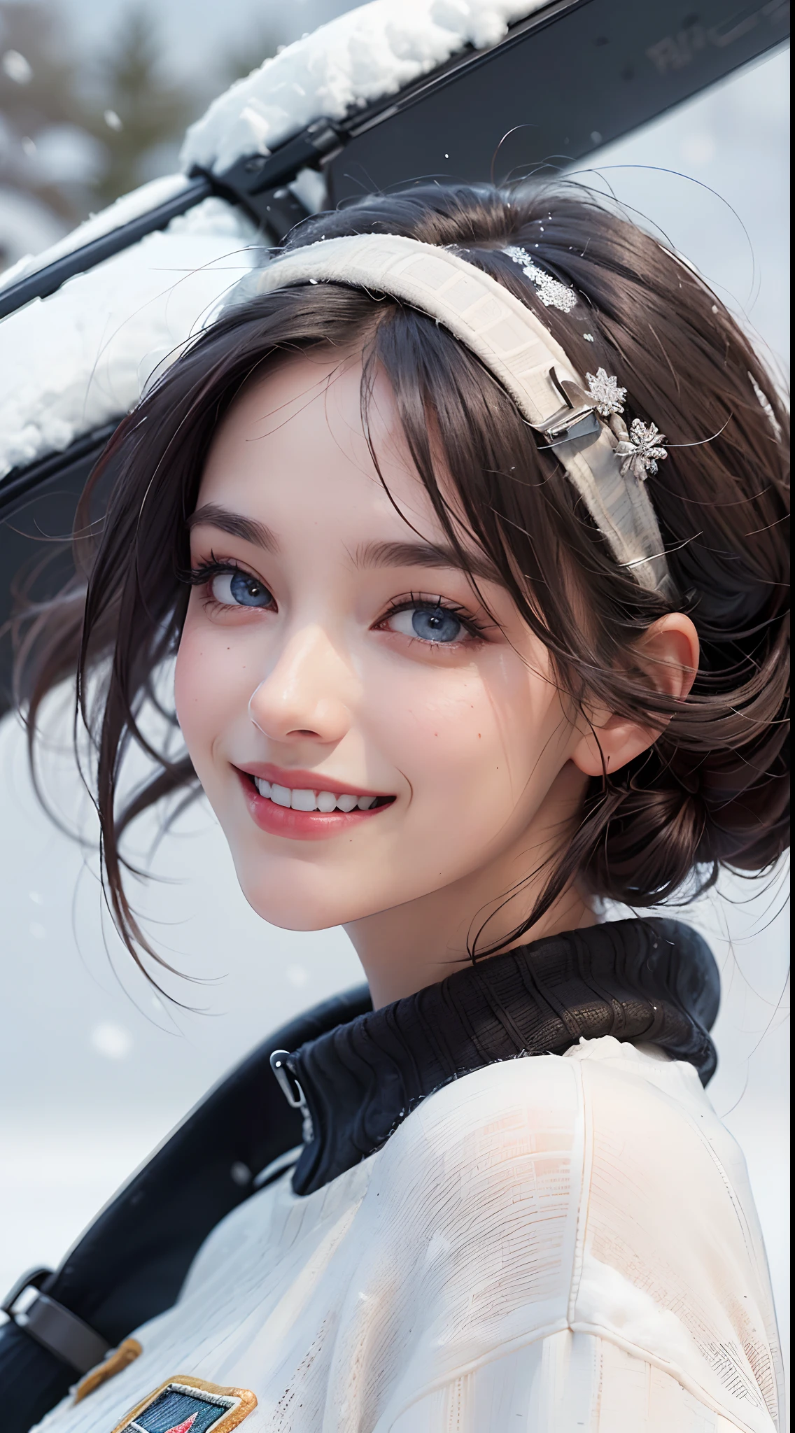 (best quality, 4k, 8k, high-res, masterpiece:1.2), ultra-detailed, (realistic, photorealistic, photo-realistic:1.37), (beautiful detailed eyes, beautiful detailed lips, extremely detailed eyes and face:1.5), studio lighting, physically-based rendering, vivid colors, (big tits, super big tits, super extra big tits), (cold weather pilot jumper:1.5), (smile and laugh:1.5), (hair blowing in the wind, shiny hair, shiny skin), (snowy, blurred background:1.37), (tilt your head to the side:1.5),