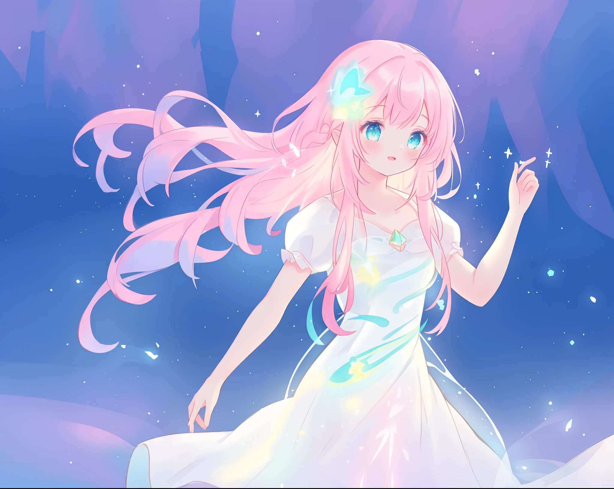 beautiful girl in glowing white dress, ((flowing white ballgown)), vibrant pastel colors, (colorful), magical lights, long flowing colorful pink hair, ((glowing aura around her)), flowing glowing hair, fantasia landscape background, whimsical, magical, fantasy, beautiful face, ((masterpiece, best quality)), intricate details, highly detailed, sharp focus, 8k resolution, sparkling detailed eyes, liquid watercolor