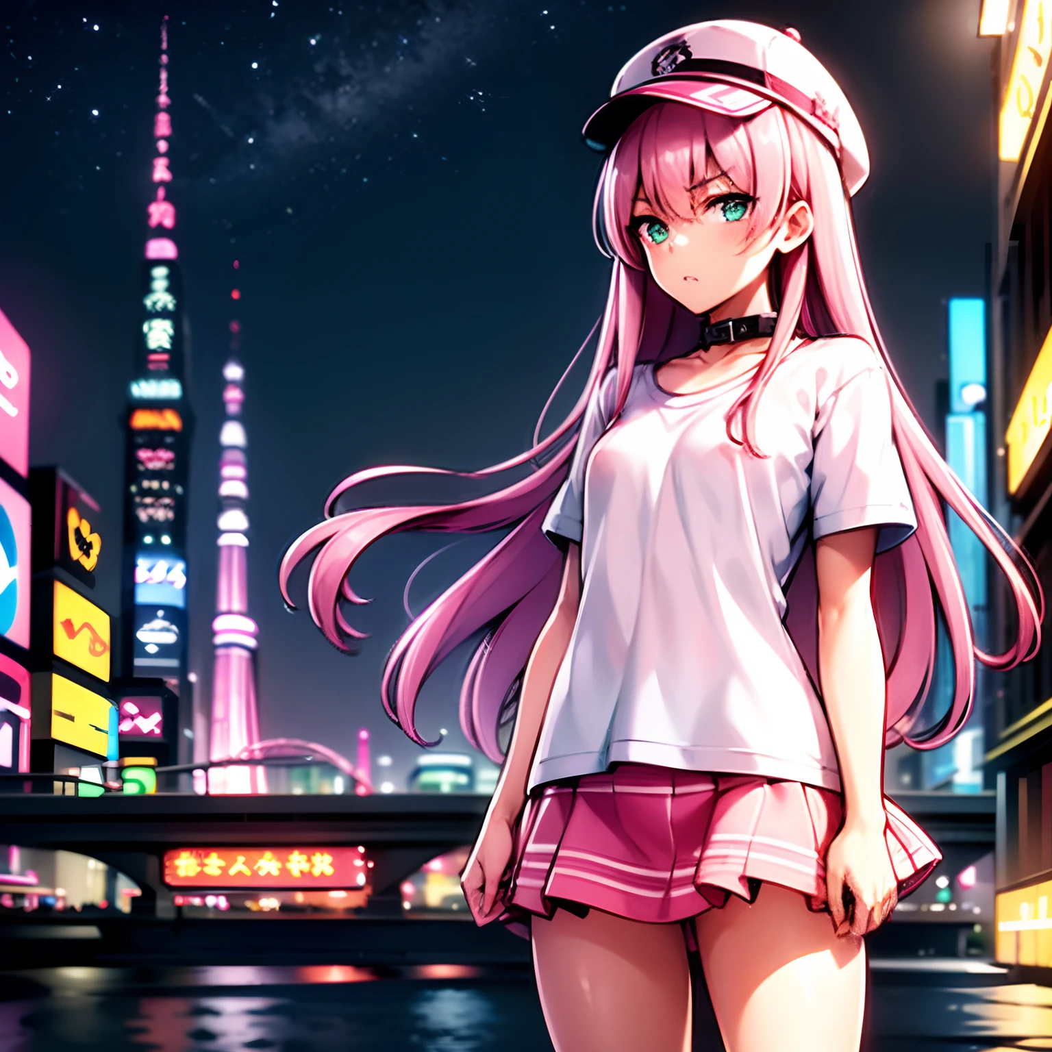 ​masterpiece, top-quality, ((1girl in)), A pink-haired,verd s eyes, length hair,(tiny chest),Standing at street, (T-shirt with collar), Underwear straps, Pink skirt, front-facing view, is standing,City Night, Neon light, tokyo background, taxis, date, full of shyness, Hats, hands behind back