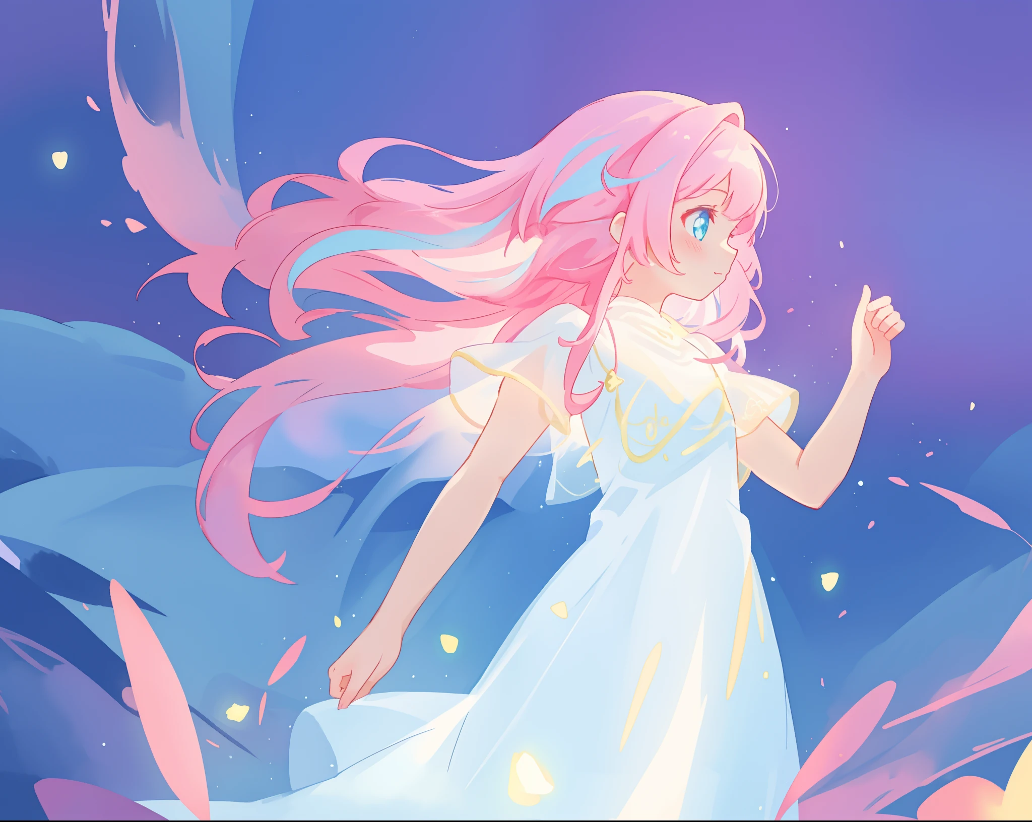 beautiful girl in glowing white dress, ((flowing white ballgown)), (looking away, profile view), vibrant pastel colors, (colorful), magical lights, long flowing colorful pink hair, ((glowing aura around her)), flowing glowing hair, fantasia landscape background, whimsical, magical, fantasy, beautiful face, ((masterpiece, best quality)), intricate details, highly detailed, sharp focus, 8k resolution, sparkling detailed eyes, liquid watercolor