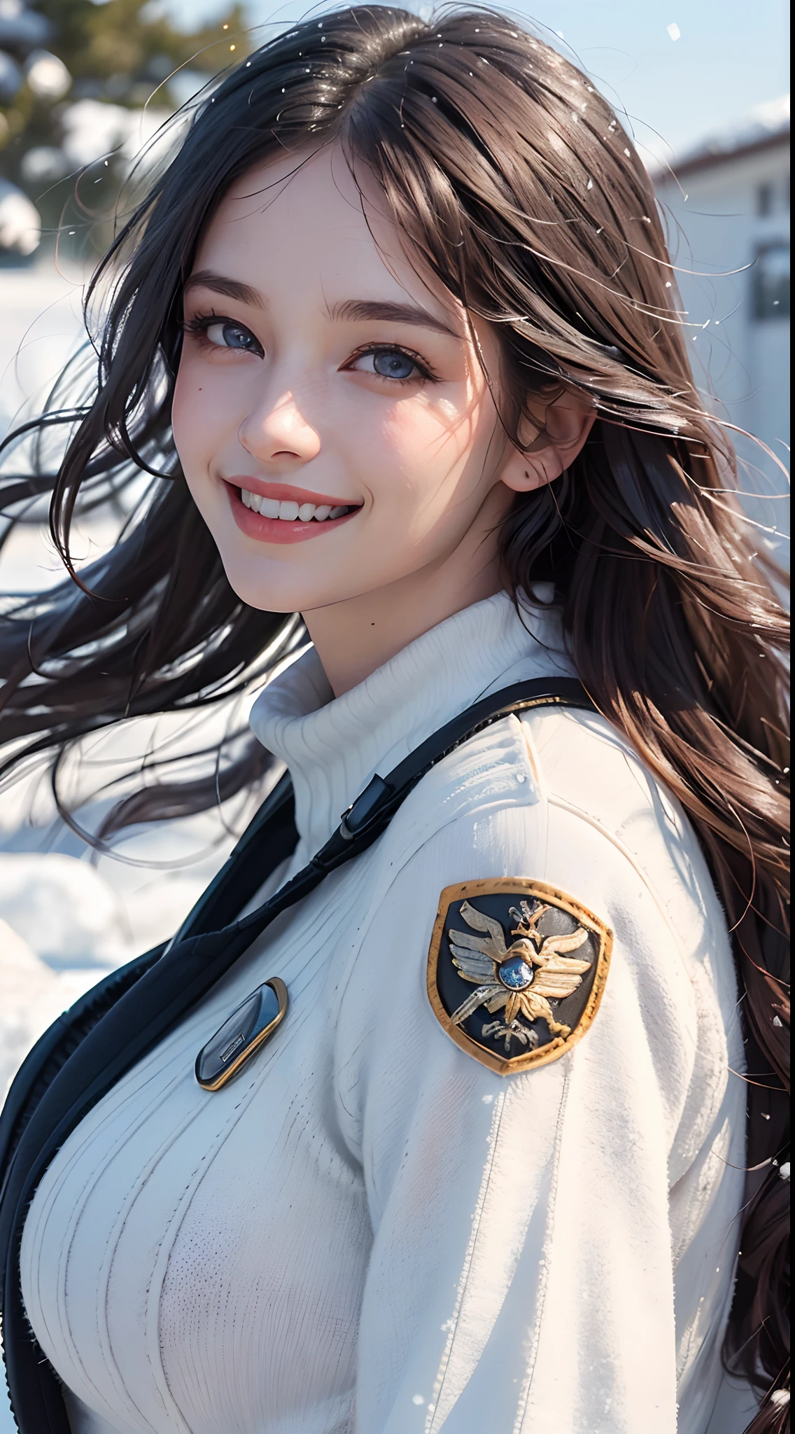 (best quality, 4k, 8k, high-res, masterpiece:1.2), ultra-detailed, (realistic, photorealistic, photo-realistic:1.37), (beautiful detailed eyes, beautiful detailed lips, extremely detailed eyes and face:1.5), studio lighting, physically-based rendering, vivid colors, (big tits, super big tits, super extra big tits), (cold weather pilot jumper:1.5), (smile and laugh:1.5), (hair blowing in the wind, shiny hair, shiny skin), (snowy, blurred background:1.37), (tilt your head to the side:1.5),