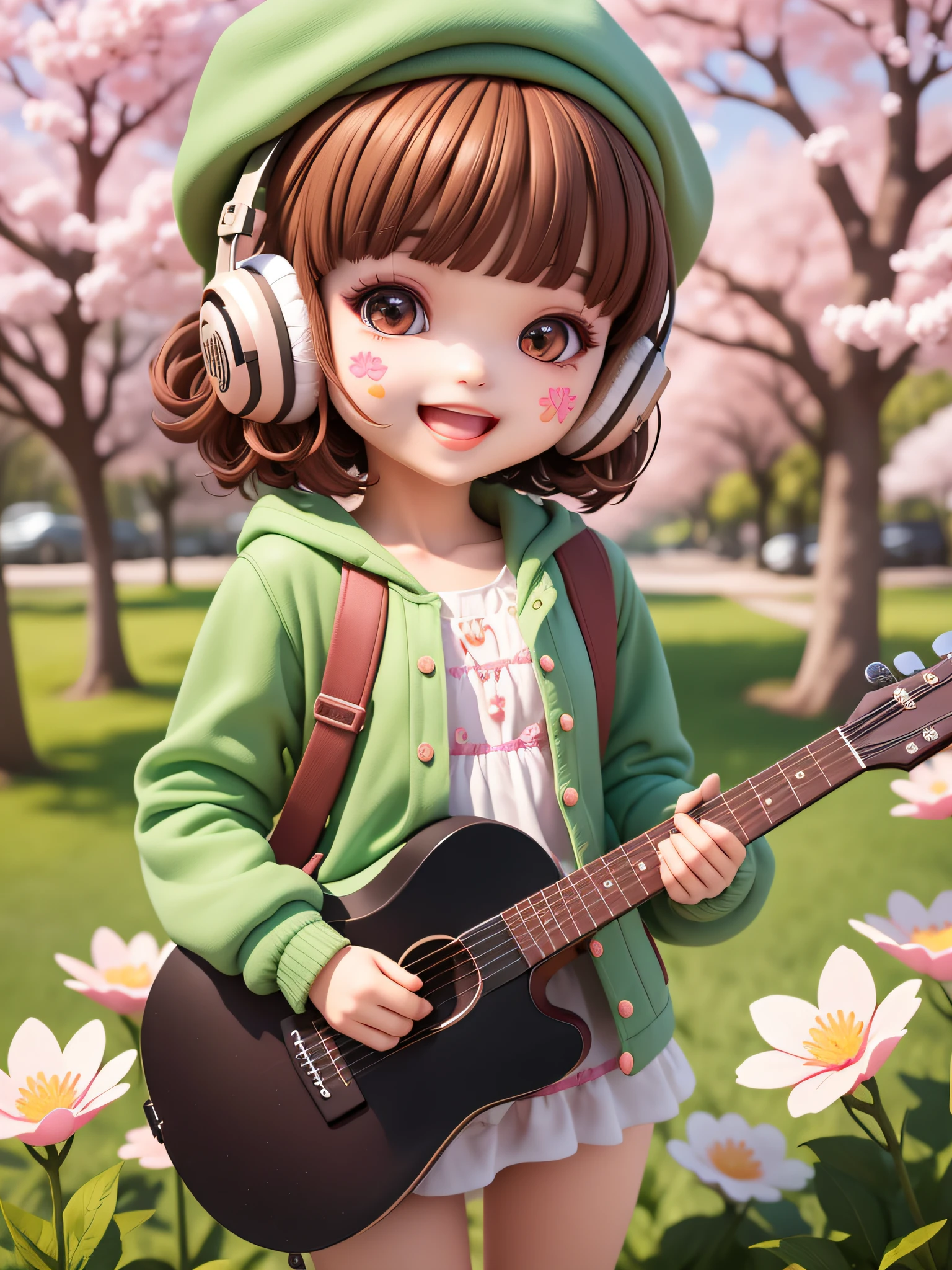 (masterpiece),(best quality),(ultra-detailed), (full body:1.2), 1girl,chibi,cute, smile, open mouth, flower, outdoors, playing guitar, music, beret, holding guitar, jacket, blush, tree, :3, shirt, short hair, cherry blossoms, green headwear, blurry, brown hair, blush stickers, long sleeves, bangs, headphones, black hair, pink flower, (beautiful detailed face), (beautiful detailed eyes),