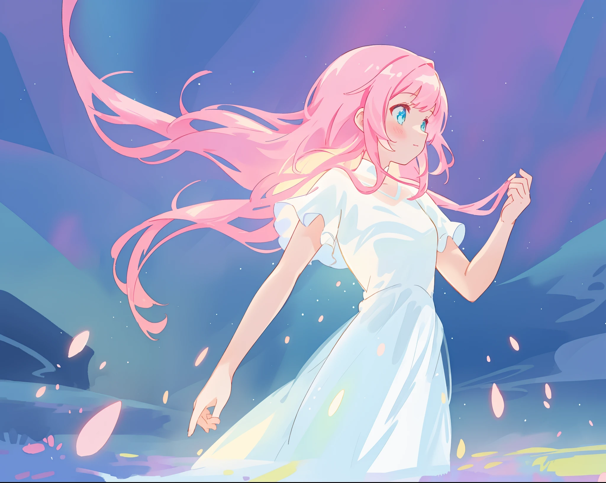 beautiful girl in glowing white dress, ((flowing white ballgown)), (looking away, profile view), vibrant pastel colors, (colorful), magical lights, long flowing colorful pink hair, ((glowing aura around her)), flowing glowing hair, fantasia landscape background, whimsical, magical, fantasy, beautiful face, ((masterpiece, best quality)), intricate details, highly detailed, sharp focus, 8k resolution, sparkling detailed eyes, liquid watercolor