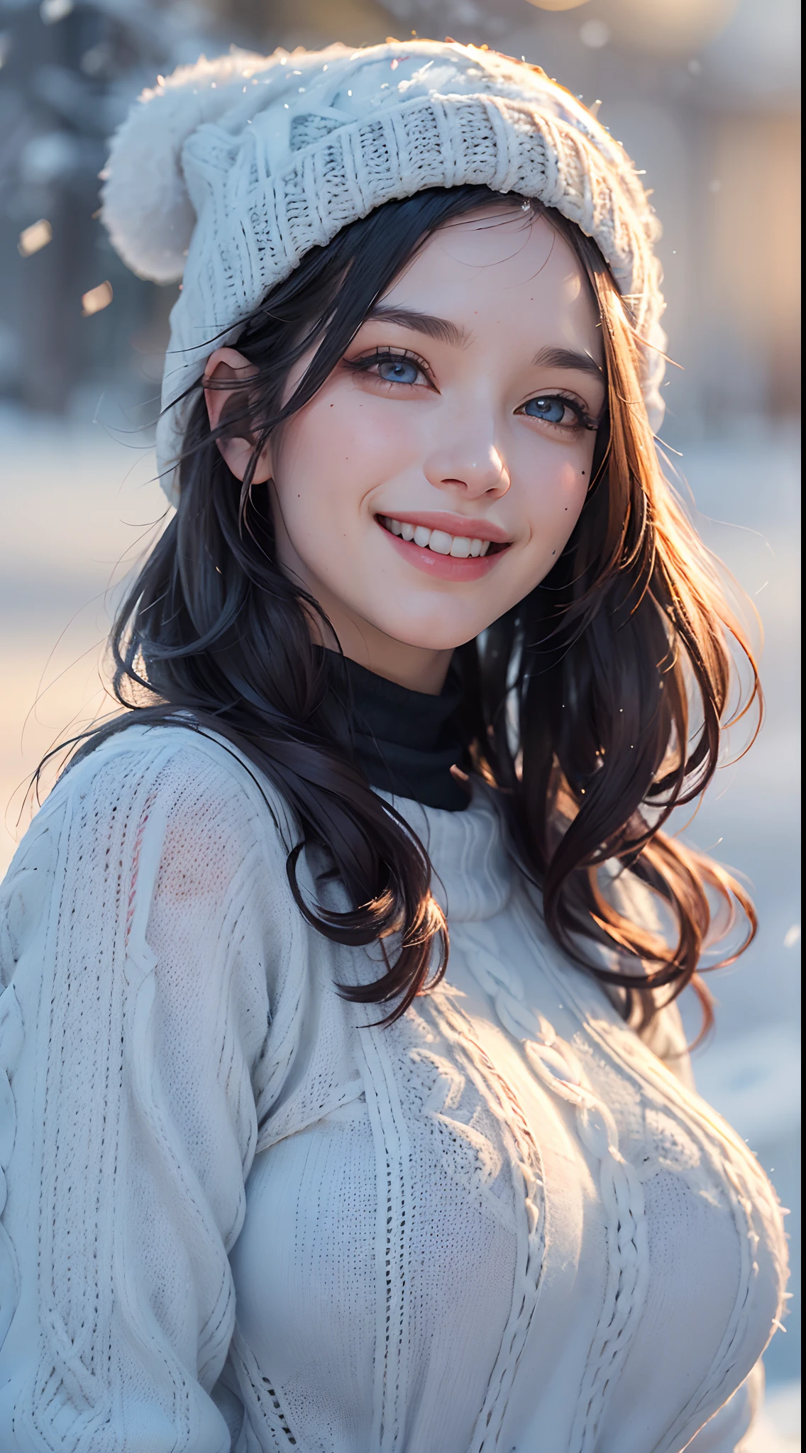 (best quality, 4k, 8k, high-res, masterpiece:1.2), ultra-detailed, (realistic, photorealistic, photo-realistic:1.37), (beautiful detailed eyes, beautiful detailed lips, extremely detailed eyes and face:1.5), studio lighting, physically-based rendering, vivid colors, (big tits, super big tits, super extra big tits), (wool coat, neck warmer, gloves, hat:1.5), (smile and laugh:1.5), (hair blowing in the wind, shiny hair, shiny skin), (snowy, blurred background:1.37), (tilt your head to the side:1.5),