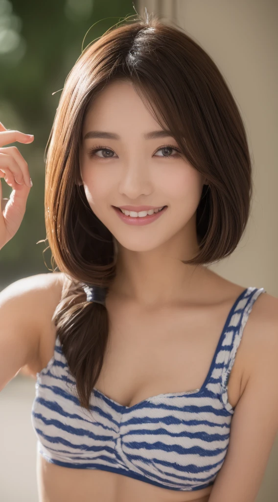 masutepiece, Best Quality, Photorealsitic, finely detail, hight resolution, 8K Wallpapers, Perfect dynamic composition, Beautiful detailed eyes, Medium short wavy hair,gray training wear、Body wet with sweat、Breast bulge、yoga pose、Beautiful armpits、A smile、bokeh feeling、natural、wood floor、25-years old、(Drooping eyes 1.3)、Adult beauty、japanes、extremely detailed fingers