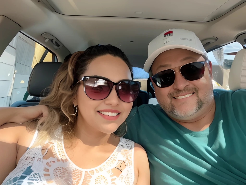 They're sitting in the back of a car with sunglasses on, momma and papa, vacation photo, Casal feliz, Fotografia tirada em 2 0 2 0, carpool karaoke, Viagem, divertindo-se, casal sorridente, taken in the early 2020s, imagem de perfil, em um dia brilhante, Lovely couple, Karla Ortiz