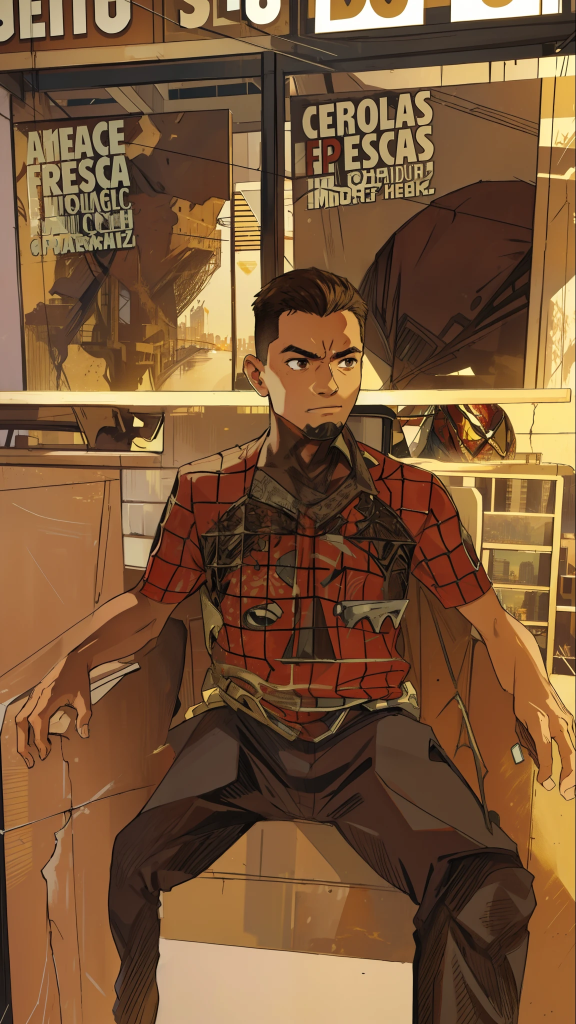 (masterpiece, best quality), intricate details, 8k, artstation, wallpaper, official art, splash art, sharp focus,
1Boy, healed, short hair, brown eyes 
 spider suit, spider web printing, spider web, no mask 
skyscrapers, city, buildings, cars, street,