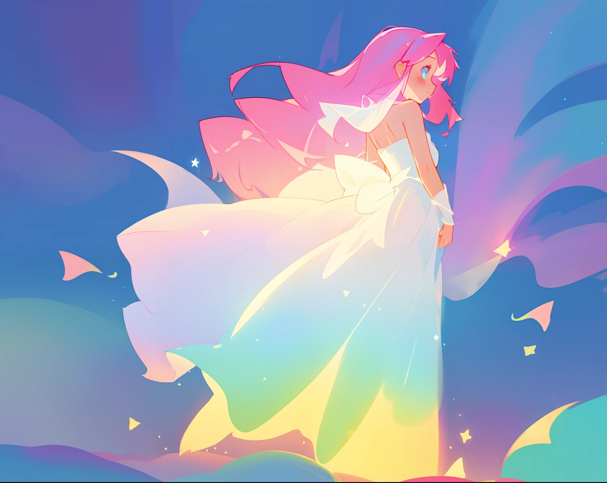 beautiful girl in glowing white dress, ((flowing white ballgown)), (looking away, profile view), vibrant pastel colors, (colorful), magical lights, long flowing colorful pink hair, ((glowing aura around her)), flowing glowing hair, fantasia landscape background, whimsical, magical, fantasy, beautiful face, ((masterpiece, best quality)), intricate details, highly detailed, sharp focus, 8k resolution, sparkling detailed eyes, liquid watercolor
