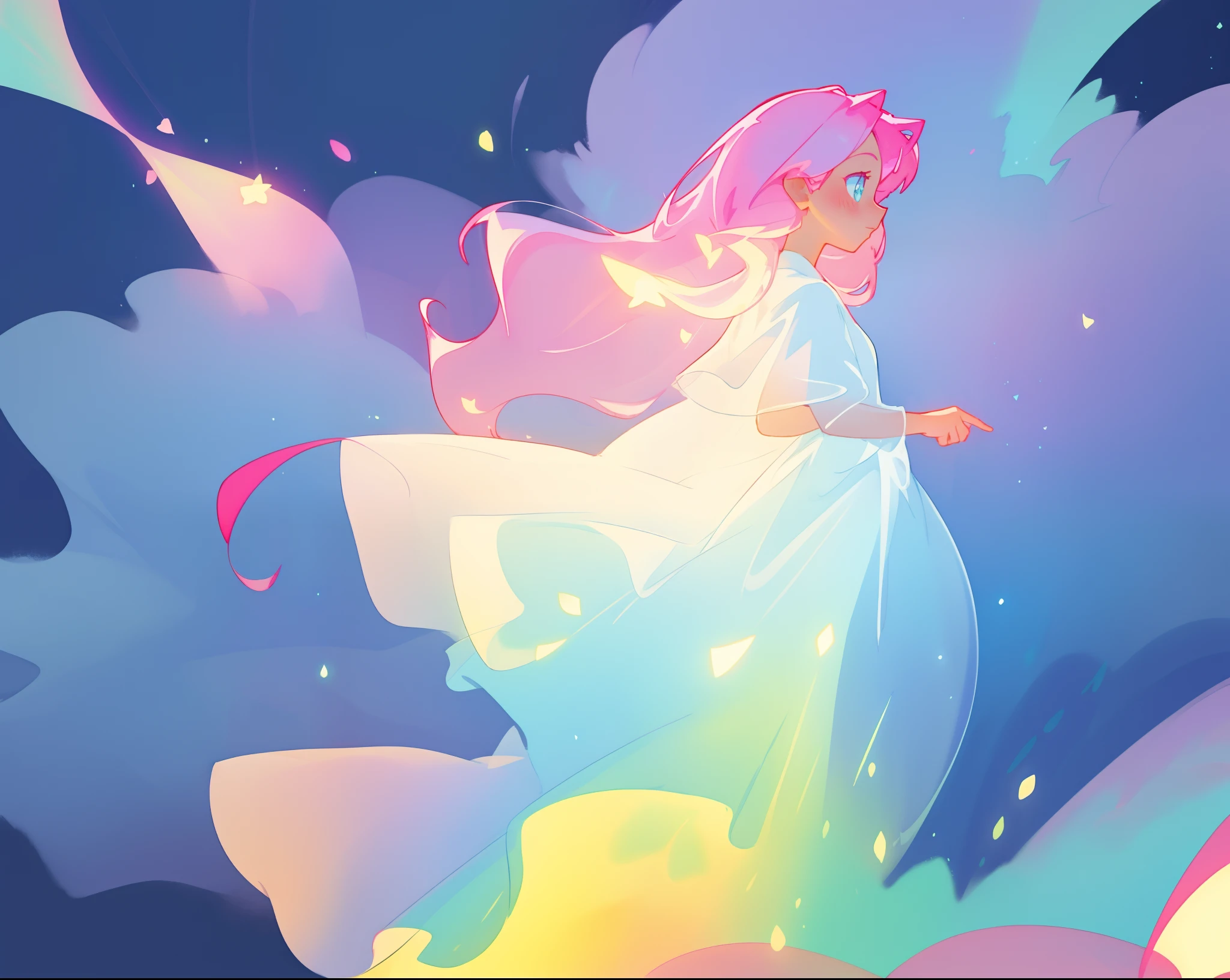 beautiful girl in glowing white dress, ((flowing white ballgown)), (looking away, profile view), vibrant pastel colors, (colorful), magical lights, long flowing colorful pink hair, ((glowing aura around her)), flowing glowing hair, fantasia landscape background, whimsical, magical, fantasy, beautiful face, ((masterpiece, best quality)), intricate details, highly detailed, sharp focus, 8k resolution, sparkling detailed eyes, liquid watercolor
