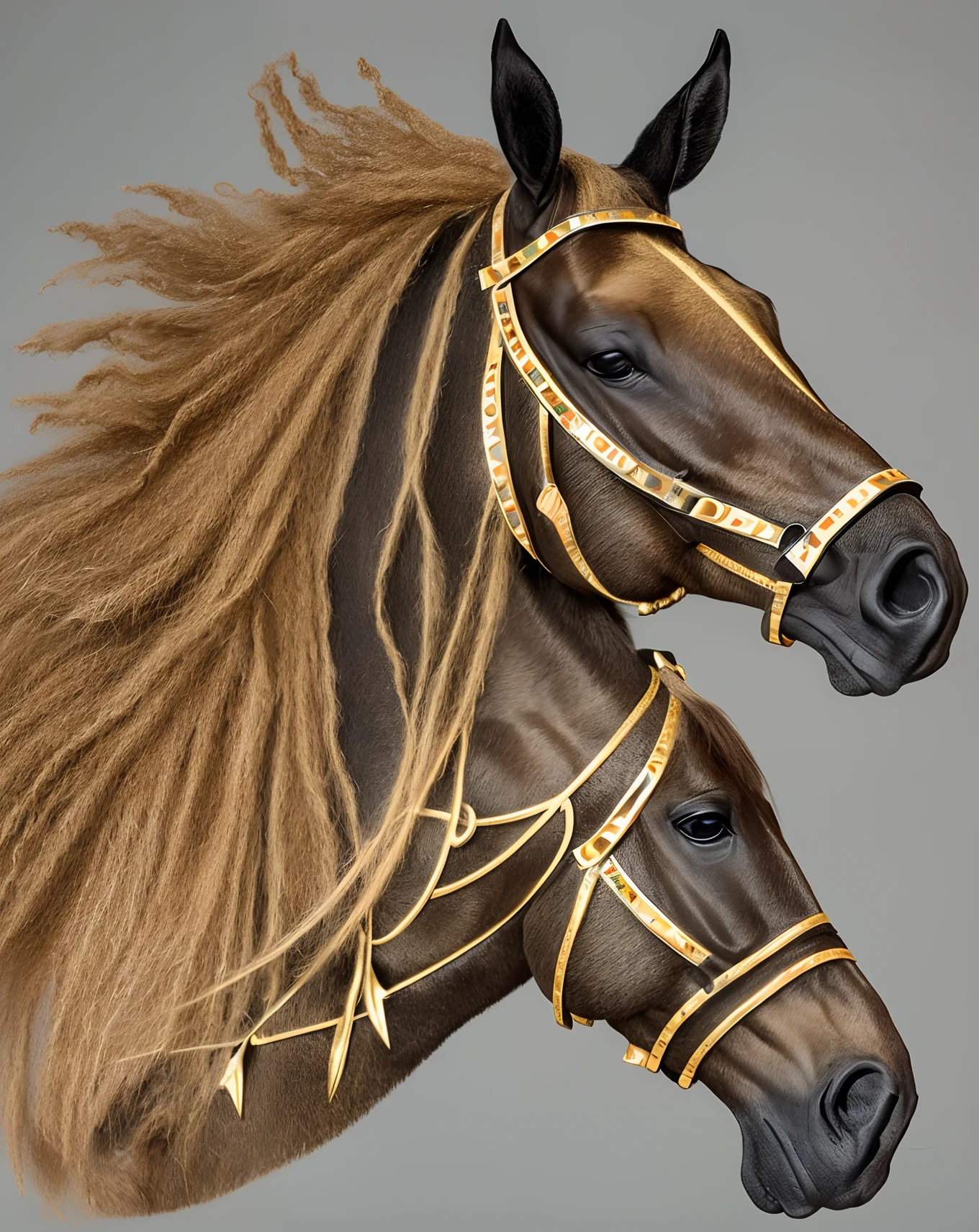 "Design AI-powered war horses inspired by locusts, emphasizing their connection to warfare more than their equine nature. These beings have faces resembling humans and feature something resembling a crown on their heads, which could be a colored band with a golden sheen, a headpiece made of hair or bristles, or even a literal piece of regal attire. Create a concept that blends the aesthetic elements of both war and royalty in their design."