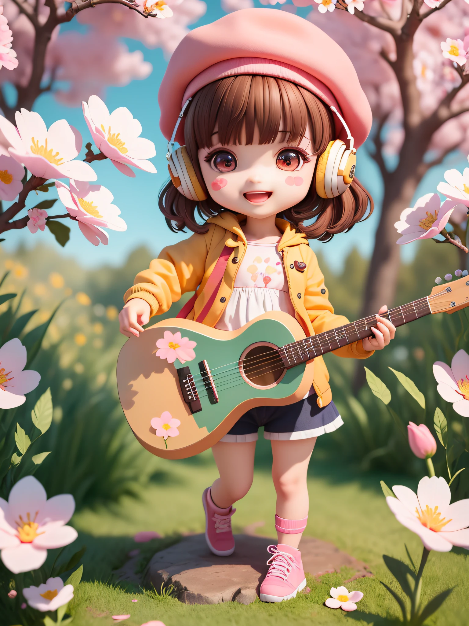 (masterpiece),(best quality),(ultra-detailed), (full body:1.2), 1girl,chibi,cute, smile, open mouth, flower, outdoors, playing guitar, music, beret, holding guitar, jacket, blush, tree, :3, shirt, short hair, cherry blossoms, green headwear, blurry, brown hair, blush stickers, long sleeves, bangs, headphones, black hair, pink flower, (beautiful detailed face), (beautiful detailed eyes),