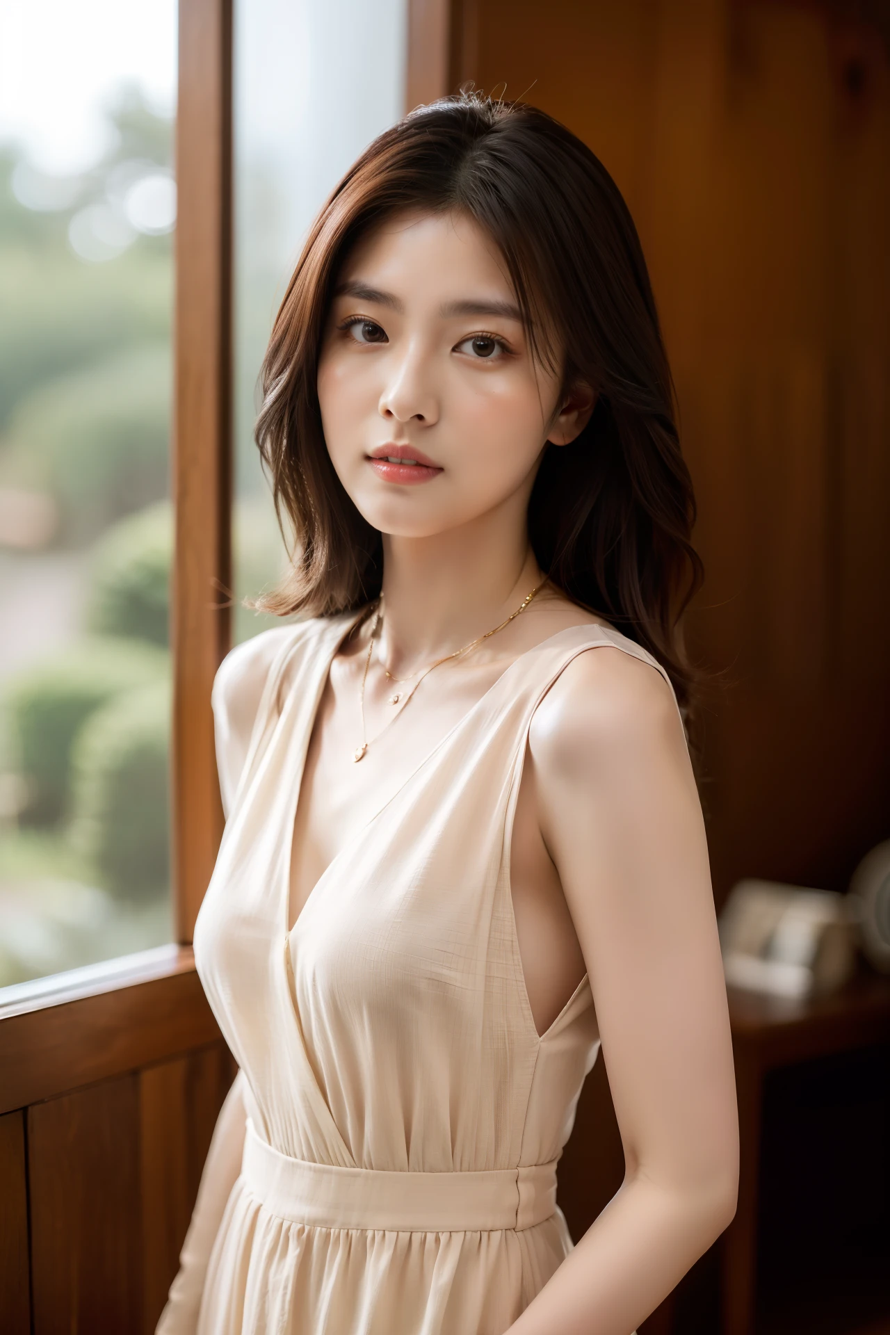 21-year-old Japan woman wearing a trendy dress、see the beholder, depth of fields, livingroom, (1girl in:1.6), ulzzang-6500v1.1, (original: 1.2), (realisitic: 1.3), beautiful girl with beautiful details, extremely detailed eye and face, Eyes with beautiful details, absurderes, Incredibly ridiculous, huge filesize, ultra-detailliert, hight resolution, ultra-detailliert, top-quality, ​masterpiece, illustratio, ultra detailed and beautiful, ultra-detailliert, ultra-detailliert, CG, Unity, 8k wallpaper, magnifica, finely detail, ​masterpiece, top-quality, Official Art, the Extremely Detailed CG Unity 8K Wallpapers, lighting like a movie, (perfect glossy skin:0.6), slim and smooth lines, (floating), (small tits:1), a necklace、耳环 ,