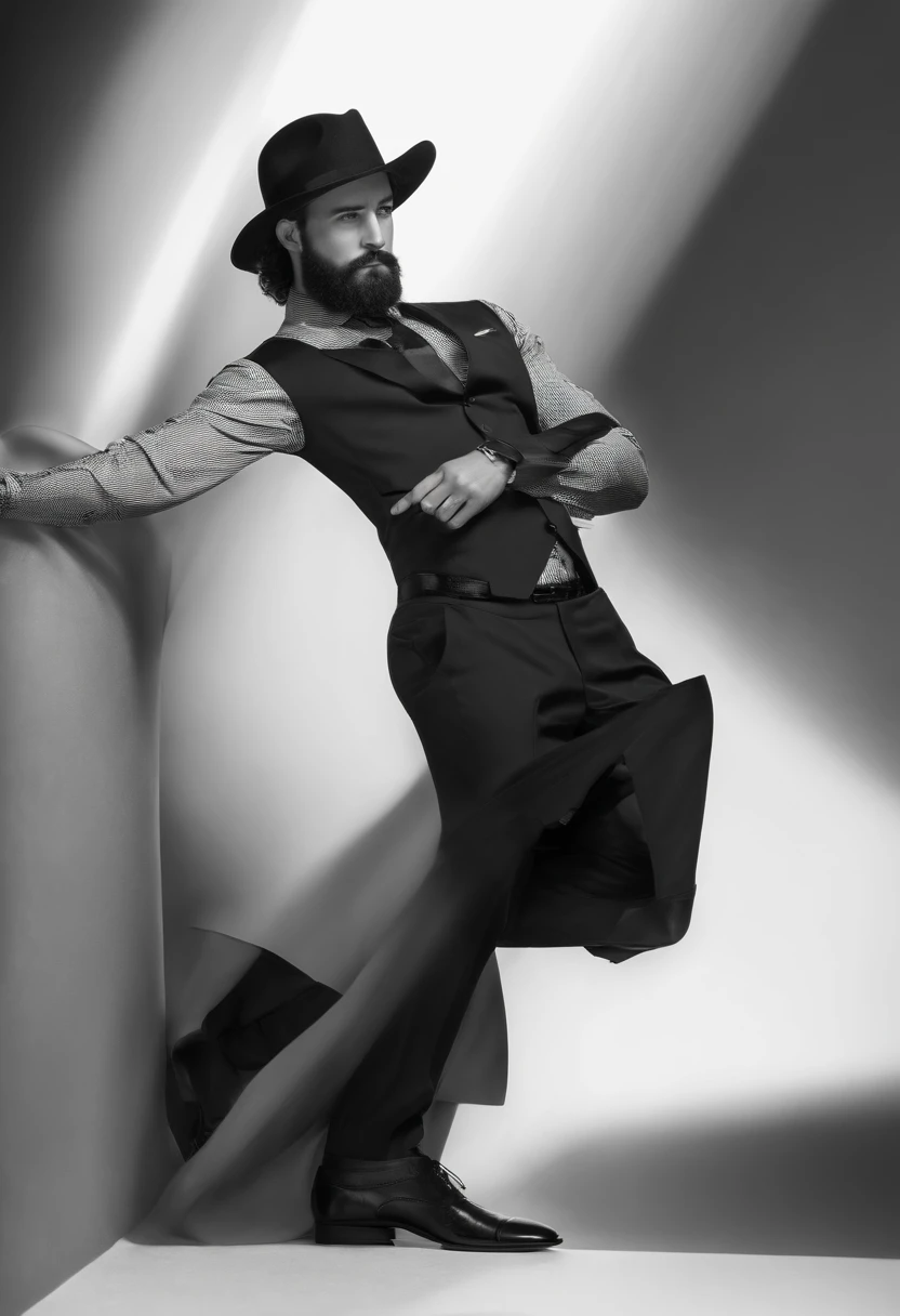 en haut、Faire un bel homme noir de 30 ans face camera, (Utilisez une barbe,) Attractive and serious look, cheveux noirs courts, Elegant and elegant, Shave Tightly Fitting in Suit and Strong Body, (highly quality, Realistic images), Dark and light black on image background, Style de film, ((premier quality, 8k, tmasterpiece), Ultra High Definition Photo, (Beautiful detailed faces, detail skin texture, Hyperdetailed body:1.1), in silhouette, back light