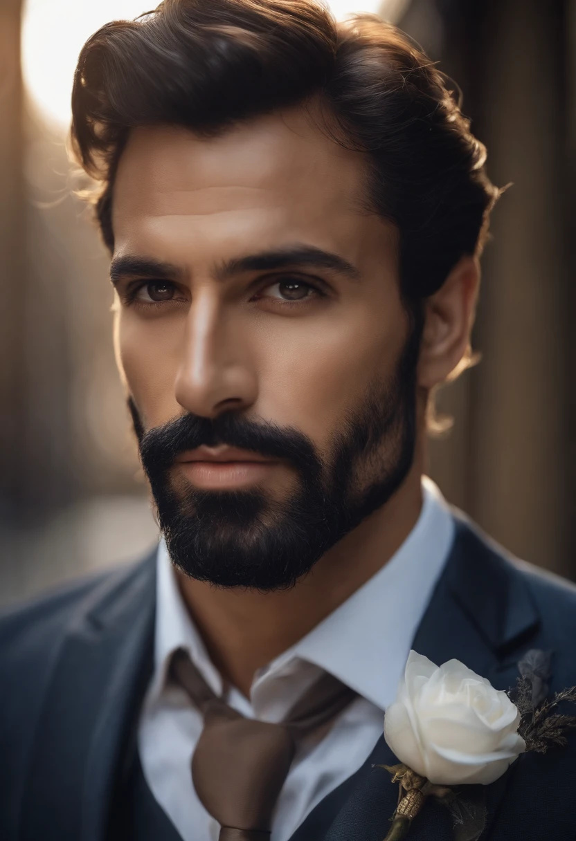 en haut、Faire un bel homme noir de 30 ans face camera, (Utilisez une barbe,) Attractive and serious look, cheveux noirs courts, Elegant and elegant, Shave Tightly Fitting in Suit and Strong Body, (highly quality, Realistic images), Dark and light black on image background, Style de film, ((premier quality, 8k, tmasterpiece), Ultra High Definition Photo, (Beautiful detailed faces, detail skin texture, Hyperdetailed body:1.1), in silhouette, back light