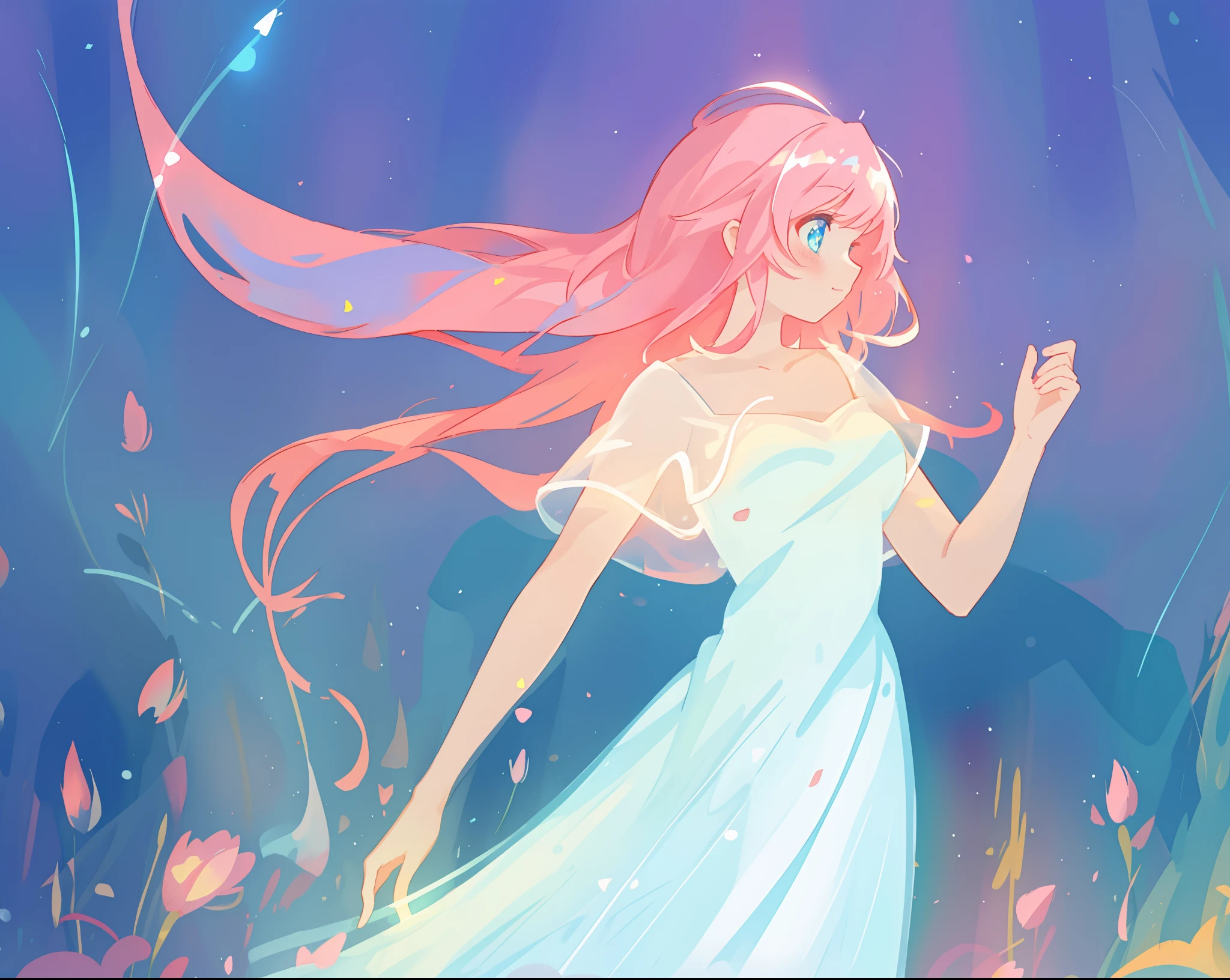 beautiful girl in glowing white dress, ((flowing white ballgown)), (looking away, profile view), vibrant pastel colors, (colorful), magical lights, long flowing colorful pink hair, ((glowing aura around her)), flowing glowing hair, fantasia landscape background, whimsical, magical, fantasy, beautiful face, ((masterpiece, best quality)), intricate details, highly detailed, sharp focus, 8k resolution, sparkling detailed eyes, liquid watercolor
