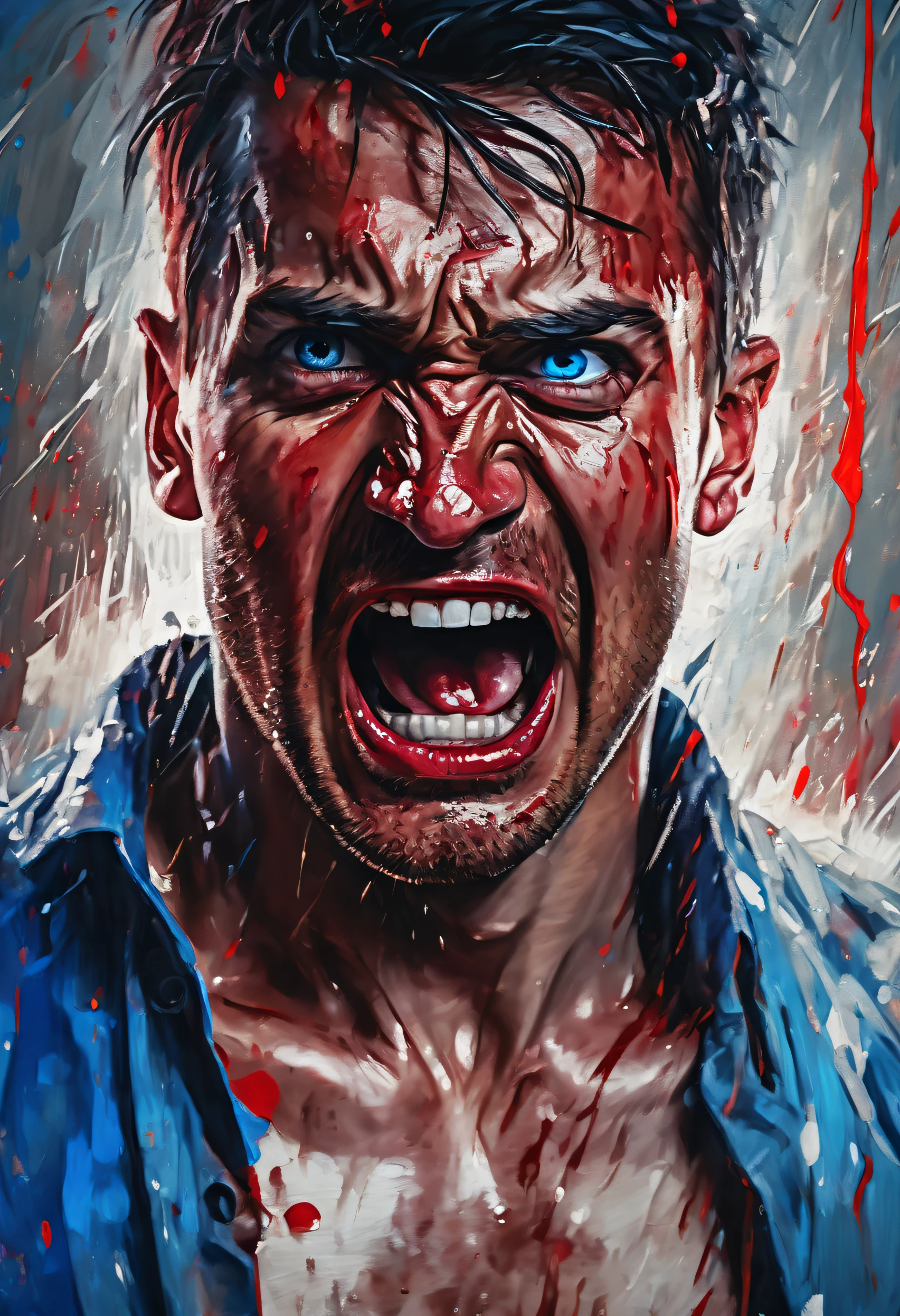 best quality,realistic portrait,red-skinned man with blue teary eyes,open mouth screaming,sharp focus,intense emotions,detailed facial features,long lashes,tears streaming down face,unusual skin tone,vivid colors,emotional expression,wet eyes,expression of pain and despair,dramatic lighting.