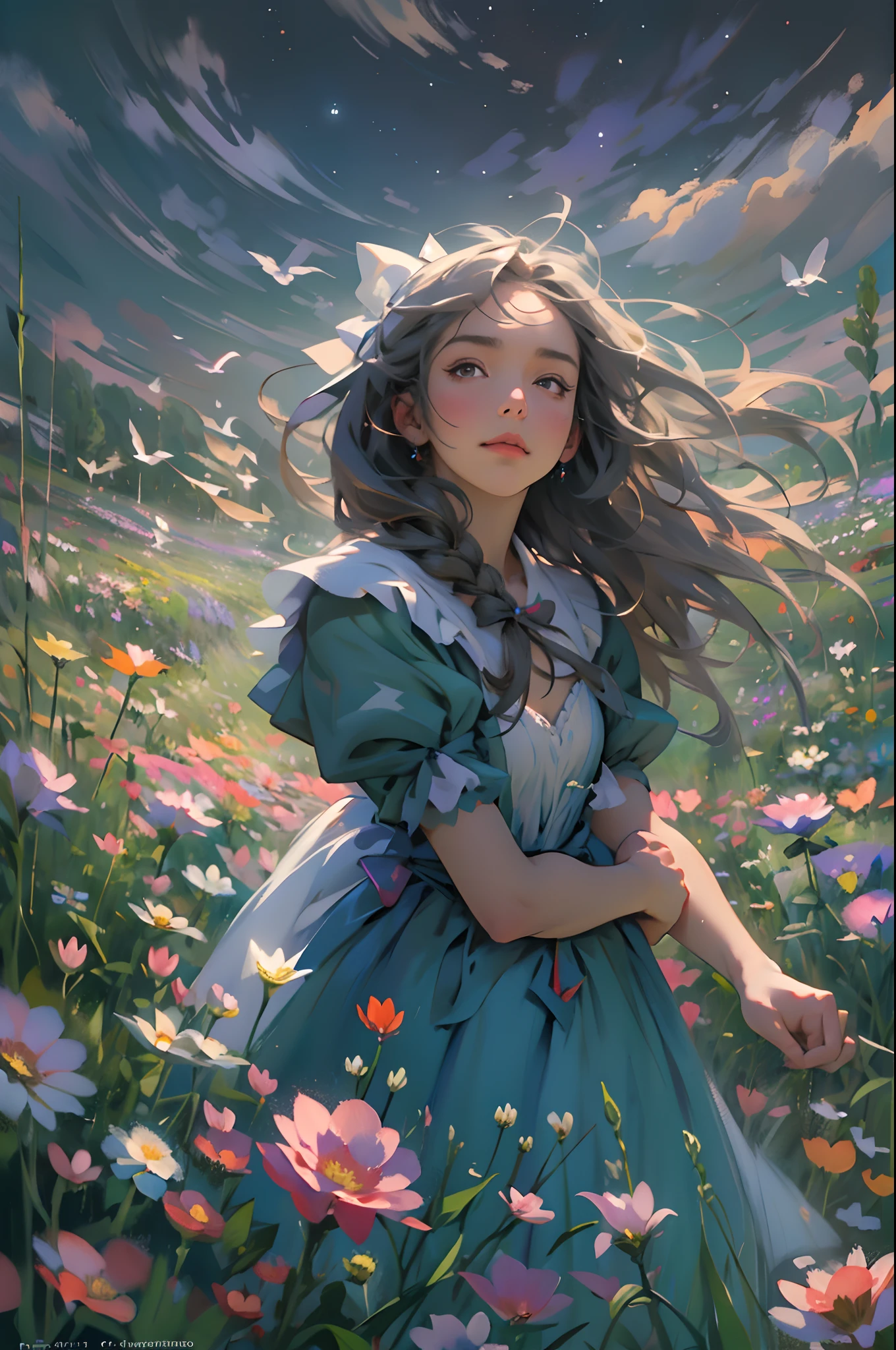 alice in the wonderland, (A bow on the head:1.1), Upper body,There is a girl standing in a flower field looking up at the sky, A girl standing in a flower field, A girl walks in a flower field, Get lost in a fantastic wonderland, standing in flower field, dreamlike digital painting, The sky is gradually clearing, The starry sky gradually receded,(Monet, Impresionismo, Oil painting), Barefoot,Barefoot,02