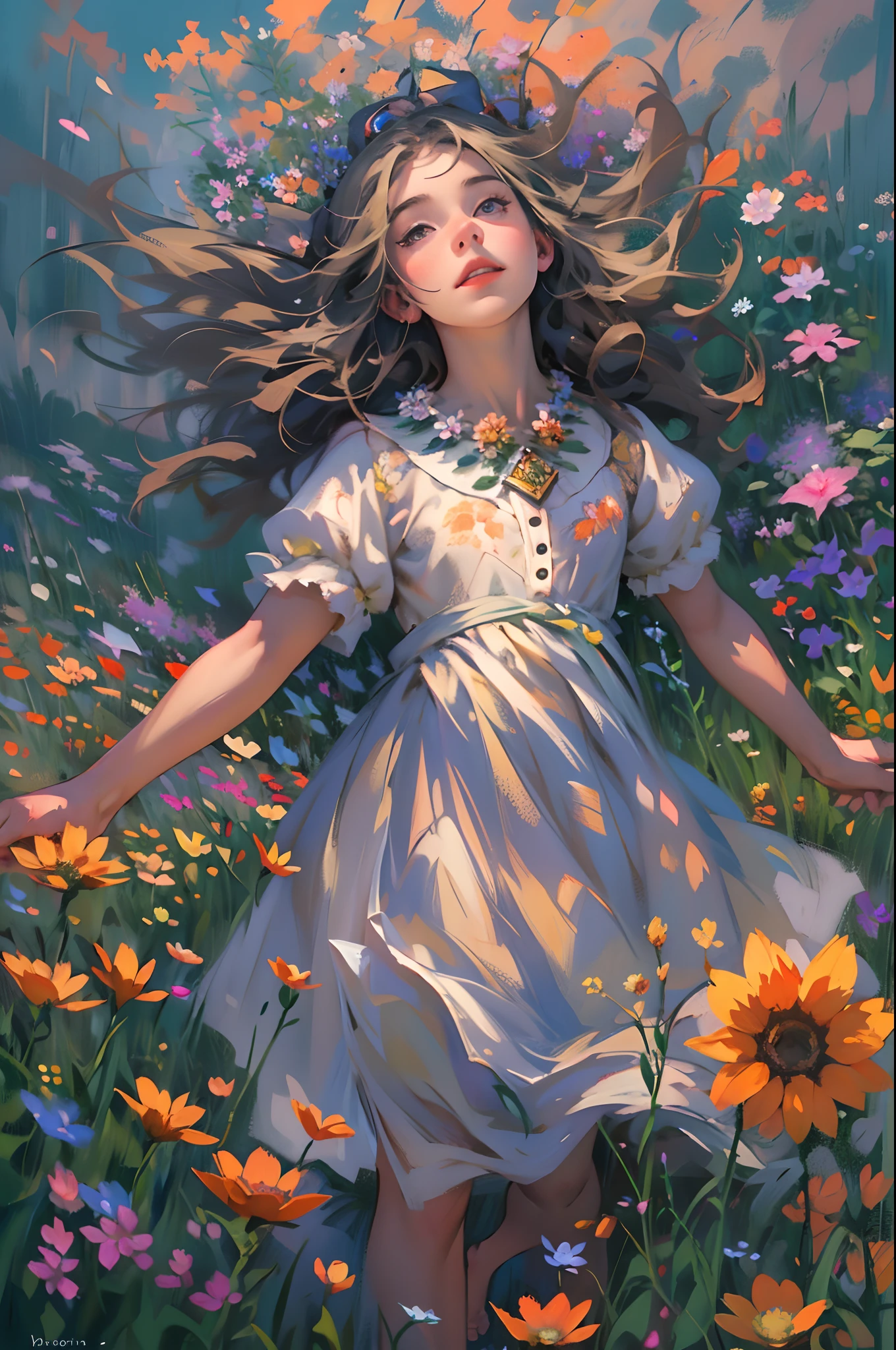 alice in the wonderland, (A bow on the head:1.1), Upper body，There is a girl standing in a flower field looking up at the sky, A girl standing in a flower field, A girl walks in a flower field, Get lost in a fantastic wonderland, standing in flower field, dreamlike digital painting, The sky is gradually clearing, The starry sky gradually receded，(Monet, Impresionismo, Oil painting), Barefoot，Barefoot，02