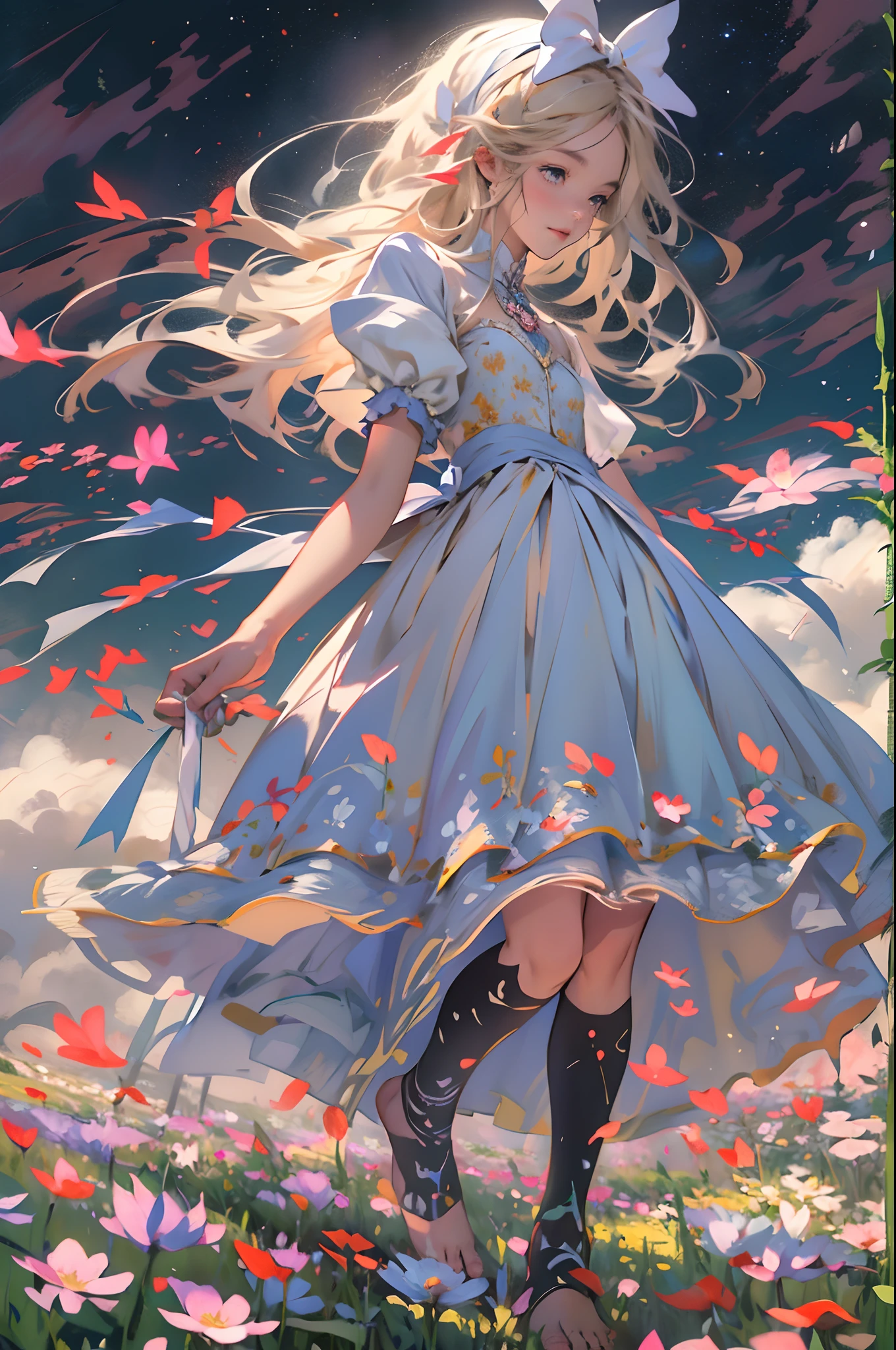 alice in the wonderland, (A bow on the head:1.1), Upper body,There is a girl standing in a flower field looking up at the sky, A girl standing in a flower field, A girl walks in a flower field, Get lost in a fantastic wonderland, standing in flower field, dreamlike digital painting, The sky is gradually clearing, The starry sky gradually receded,(Monet, Impresionismo, Oil painting), Barefoot,Barefoot,02