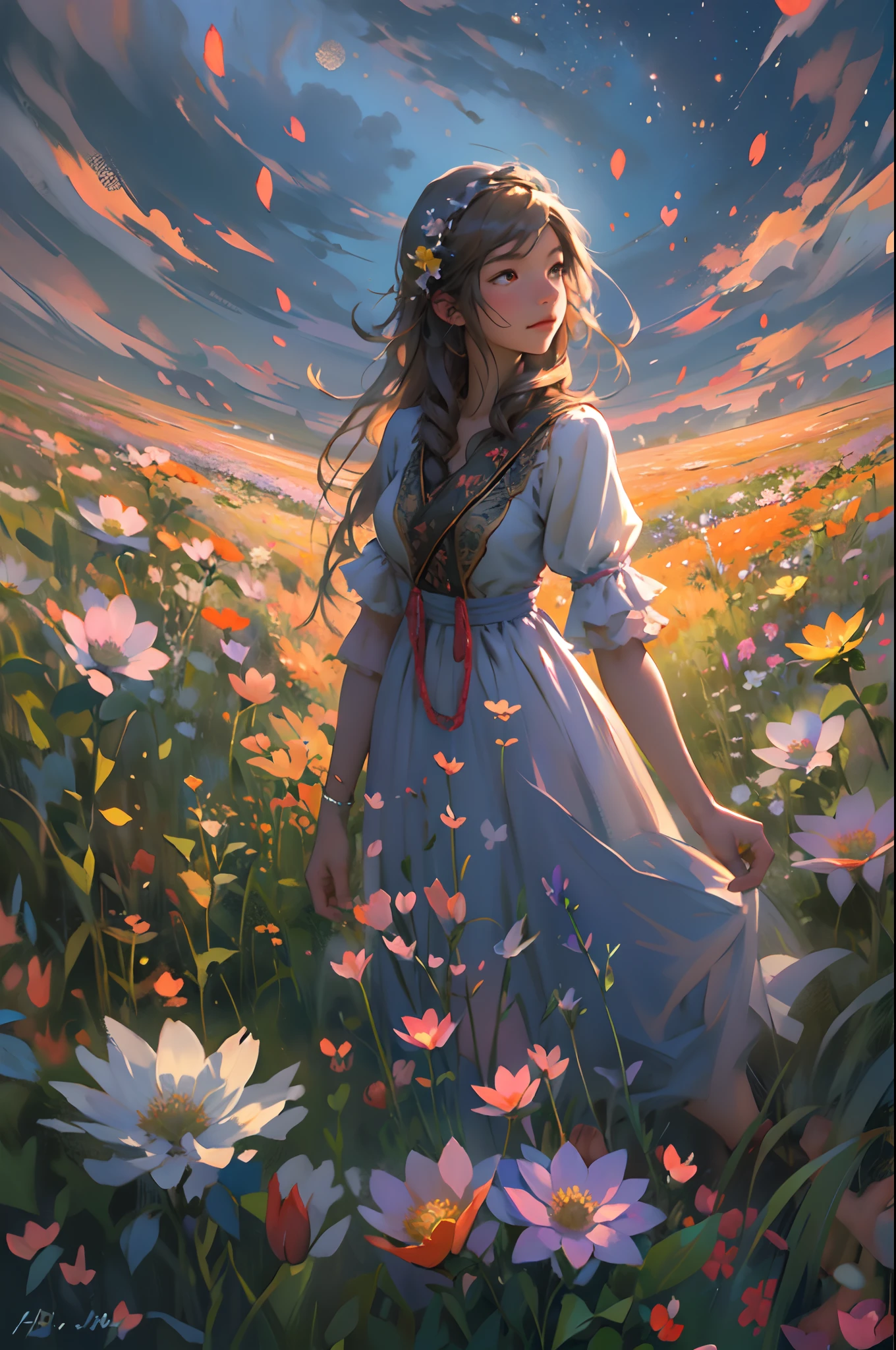 alice in the wonderland, (A bow on the head:1.1), Upper body,There is a girl standing in a flower field looking up at the sky, A girl standing in a flower field, A girl walks in a flower field, Get lost in a fantastic wonderland, standing in flower field, dreamlike digital painting, The sky is gradually clearing, The starry sky gradually receded,(Monet, Impresionismo, Oil painting), Barefoot,Barefoot,05