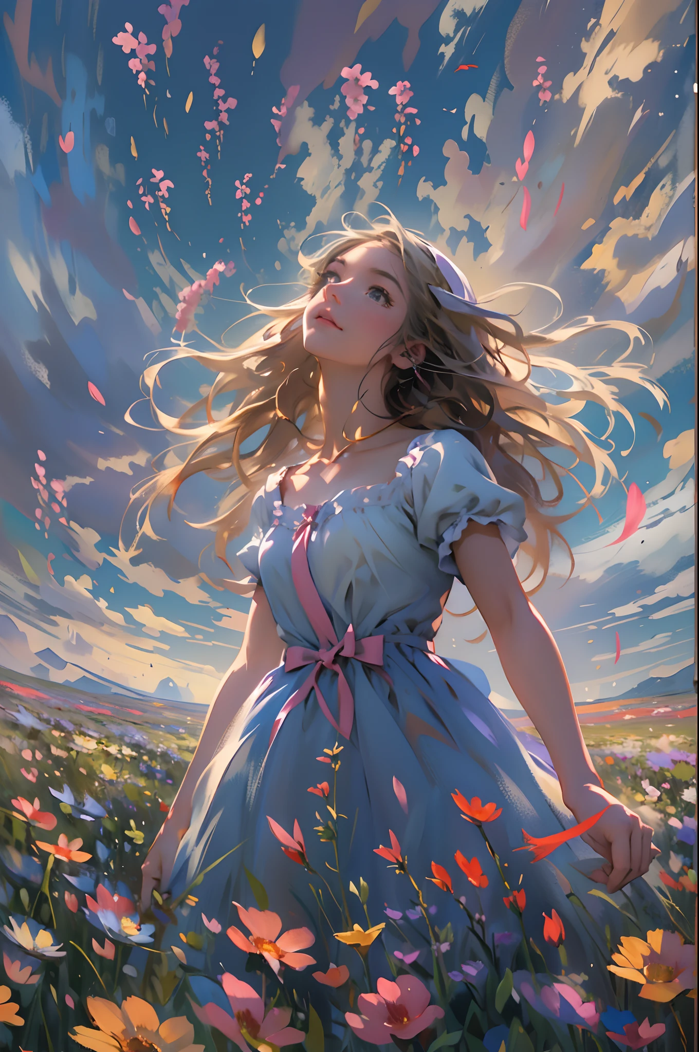 alice in the wonderland, (A bow on the head:1.1), Upper body,There is a girl standing in a flower field looking up at the sky, A girl standing in a flower field, A girl walks in a flower field, Get lost in a fantastic wonderland, standing in flower field, dreamlike digital painting, The sky is gradually clearing, The starry sky gradually receded,(Monet, Impresionismo, Oil painting), Barefoot,Barefoot,05