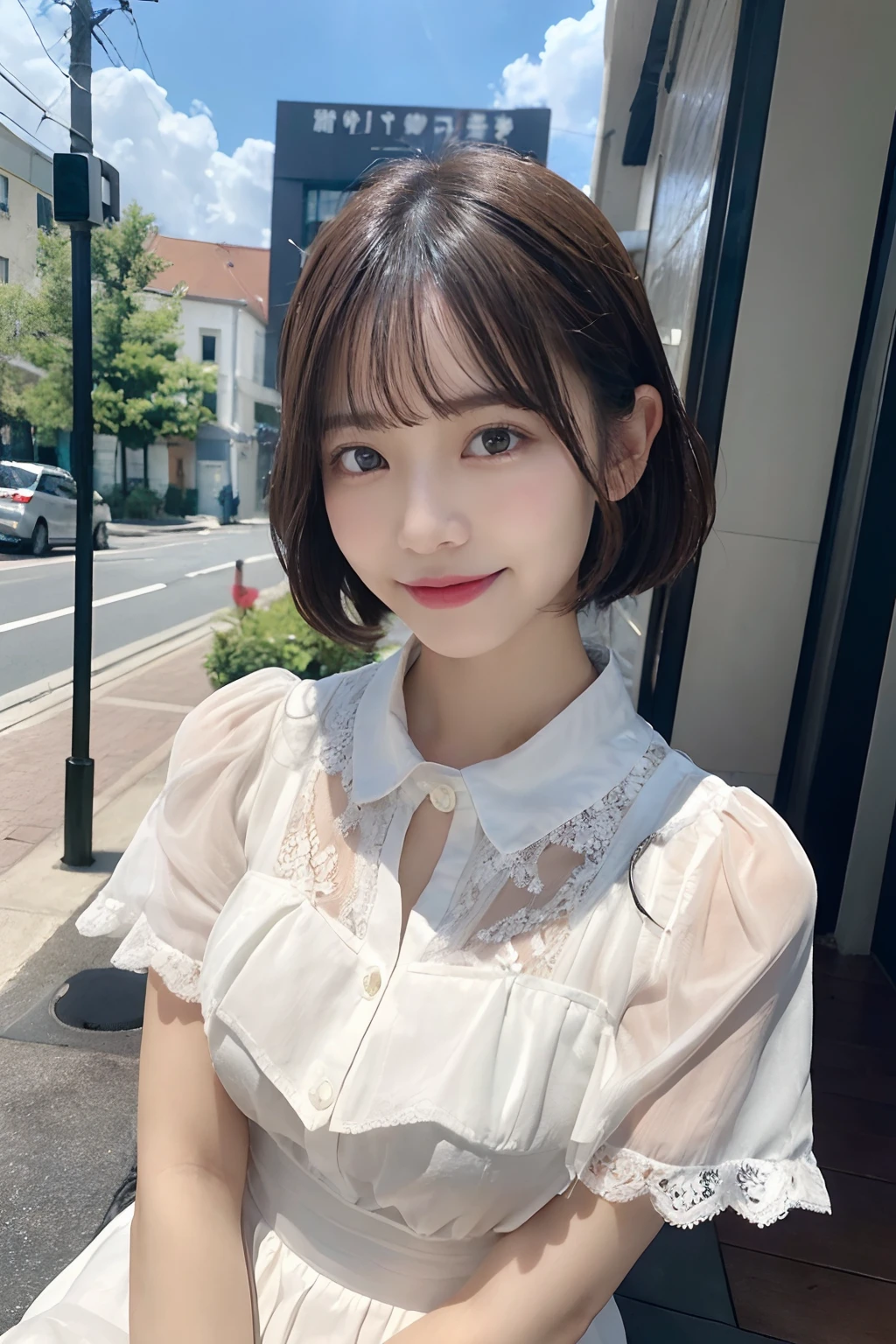 (64k uhd、nffsw、top-quality、masterpiece:1.2)、(realisitic、Photorealsitic:1.37)、ultra-detailliert、女の子 1 人、cute little、独奏、Beautiful detailed sky、Detailed Cafe、natta、sitting on、date、(Nasal blush) )、(A smile:1.15)、(a closed mouth)small tits、Beautiful fine eyes、(shirt with collar:1.1)、natta、Wet、Transaction service、A smile、White lace、(short-hair:1.2)、Float NovaFrogStyle