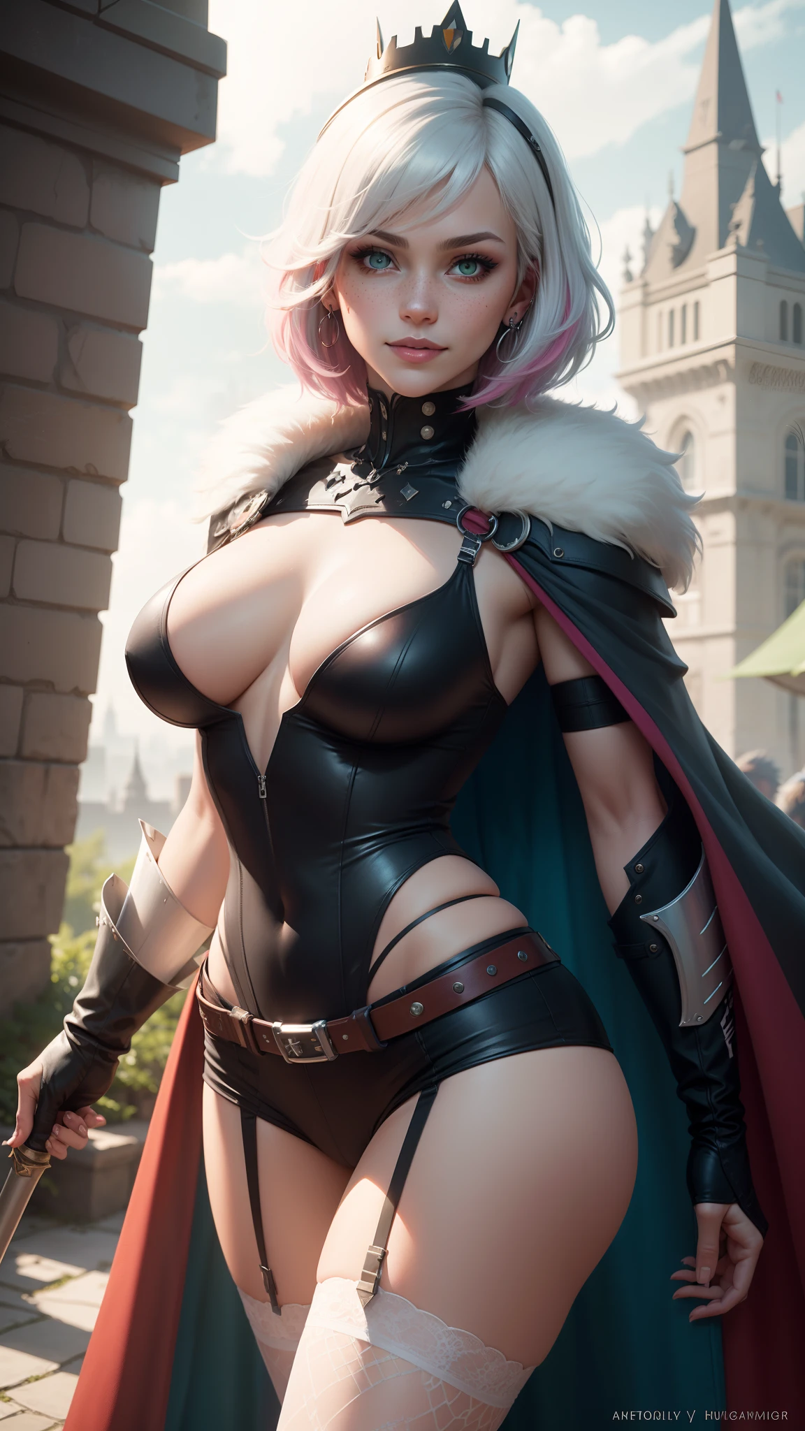 gwen tennyson,y'shtola rhul,yorha 2b, tracer,nier automata,overwatch,close up, mecha pilot,rose garden,tattoos,blue and pink plugsuit,white short sleeve medieval top,victorian goth micro shorts,white garter belt,fishnet corset,short hair,punk makeup,green eyes,multicolored silver hair,sexy smile, freckles,beautiful girl,large breasts,8k, ultra detailed,realistic,fantasy art,fur armor,steel armor,royal uniform,queen cape,ear piercings,hair pin,saiyan girl, saiyan female,royal crown,castle flags, queen scepter,royal guard,