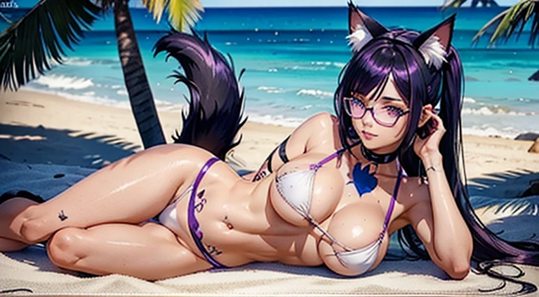 woman at beach , tattoo, all over her body, White bikini, shiny skin, cat ears,, cat tail, Dark purple hair, black hair and purple streaks, ponytails Hair, cat ears on head, glasses , beautiful boobs)), Beautiful screenshot, Second life,, full body view, seductive, high quality, Very detailed skin