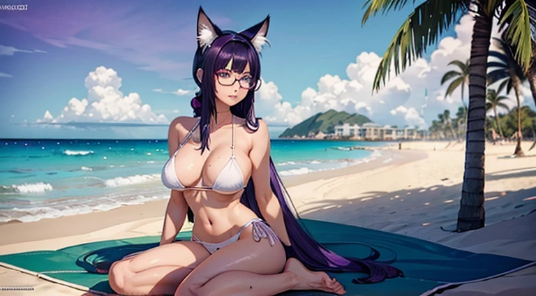 woman at beach , tattoo, all over her body, White bikini, shiny skin, cat ears,, cat tail, Dark purple hair, black hair and purple streaks, ponytails Hair, cat ears on head, glasses , beautiful boobs)), Beautiful screenshot, Second life,, full body view, seductive, high quality, Very detailed skin