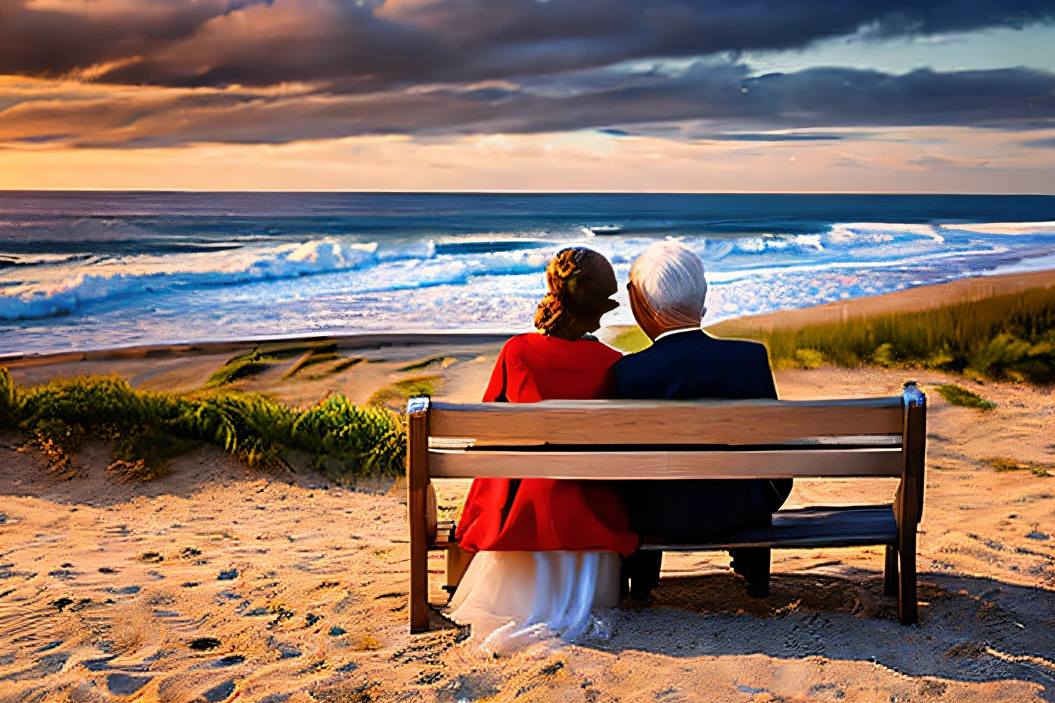 best quality,4k,8k,highres,masterpiece:1.2,ultra-detailed,realistic, vivid colors,studio lighting,portraits,landscape,experienced old couple,beautiful detailed eyes and face,lovely smiling lips,gentle expressions, nostalgic atmosphere,sitting on a bench, overlooking the calm ocean,with sandy beach and sparkling waves,soft golden sunlight filtering through the clouds, colorful flowers in bloom along the coast,seagulls flying in the distance,holding hands and leaning towards each other,sharing stories of their youth,memories of laughter and love,many years of companionship, wrinkles on their faces with wisdom and character,gray hair blowing in the gentle breeze,peaceful and tranquil setting, capturing the warmth and tenderness of their love