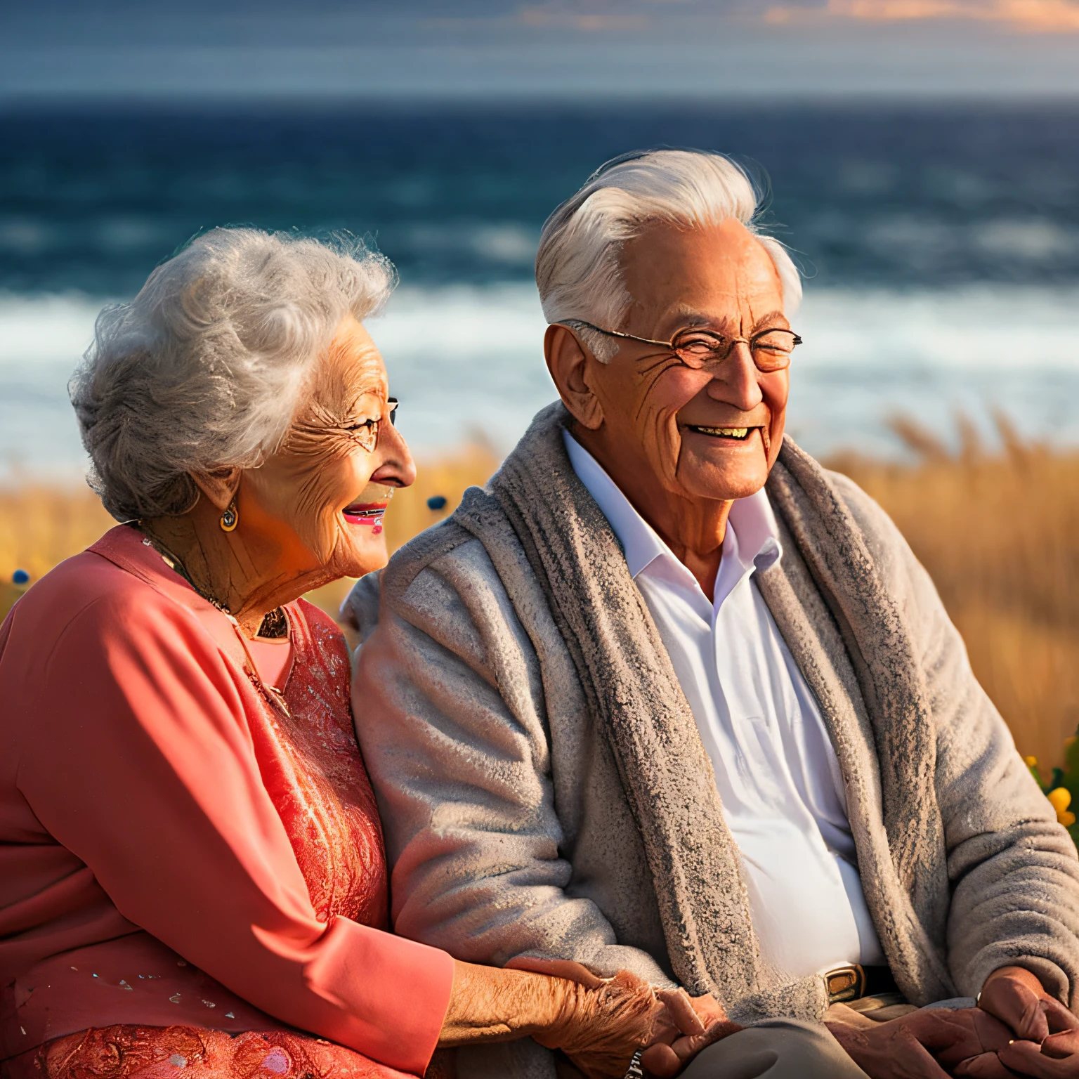best quality,4k,8k,highres,masterpiece:1.2,ultra-detailed,realistic, vivid colors,studio lighting,portraits,landscape,experienced old couple,beautiful detailed eyes and face,lovely smiling lips,gentle expressions, nostalgic atmosphere,sitting on a bench, overlooking the calm ocean,with sandy beach and sparkling waves,soft golden sunlight filtering through the clouds, colorful flowers in bloom along the coast,seagulls flying in the distance,holding hands and leaning towards each other,sharing stories of their youth,memories of laughter and love,many years of companionship, wrinkles on their faces with wisdom and character,gray hair blowing in the gentle breeze,peaceful and tranquil setting, capturing the warmth and tenderness of their love.