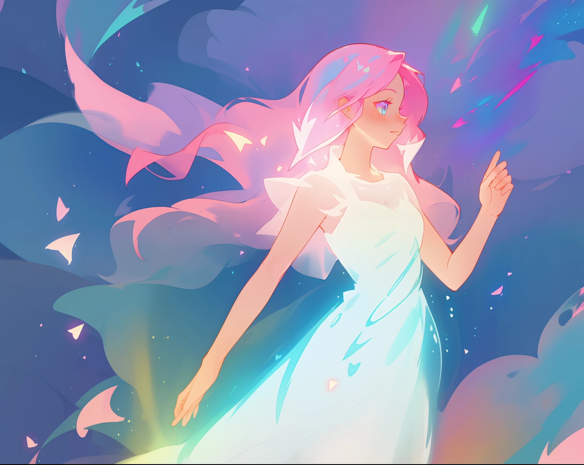 beautiful girl in glowing white dress, ((flowing white ballgown)), (looking away, profile view), vibrant pastel colors, (colorful), magical lights, long flowing colorful pink hair, ((glowing aura around her)), flowing glowing hair, fantasia landscape background, whimsical, magical, fantasy, beautiful face, ((masterpiece, best quality)), intricate details, highly detailed, sharp focus, 8k resolution, sparkling detailed eyes, liquid watercolor