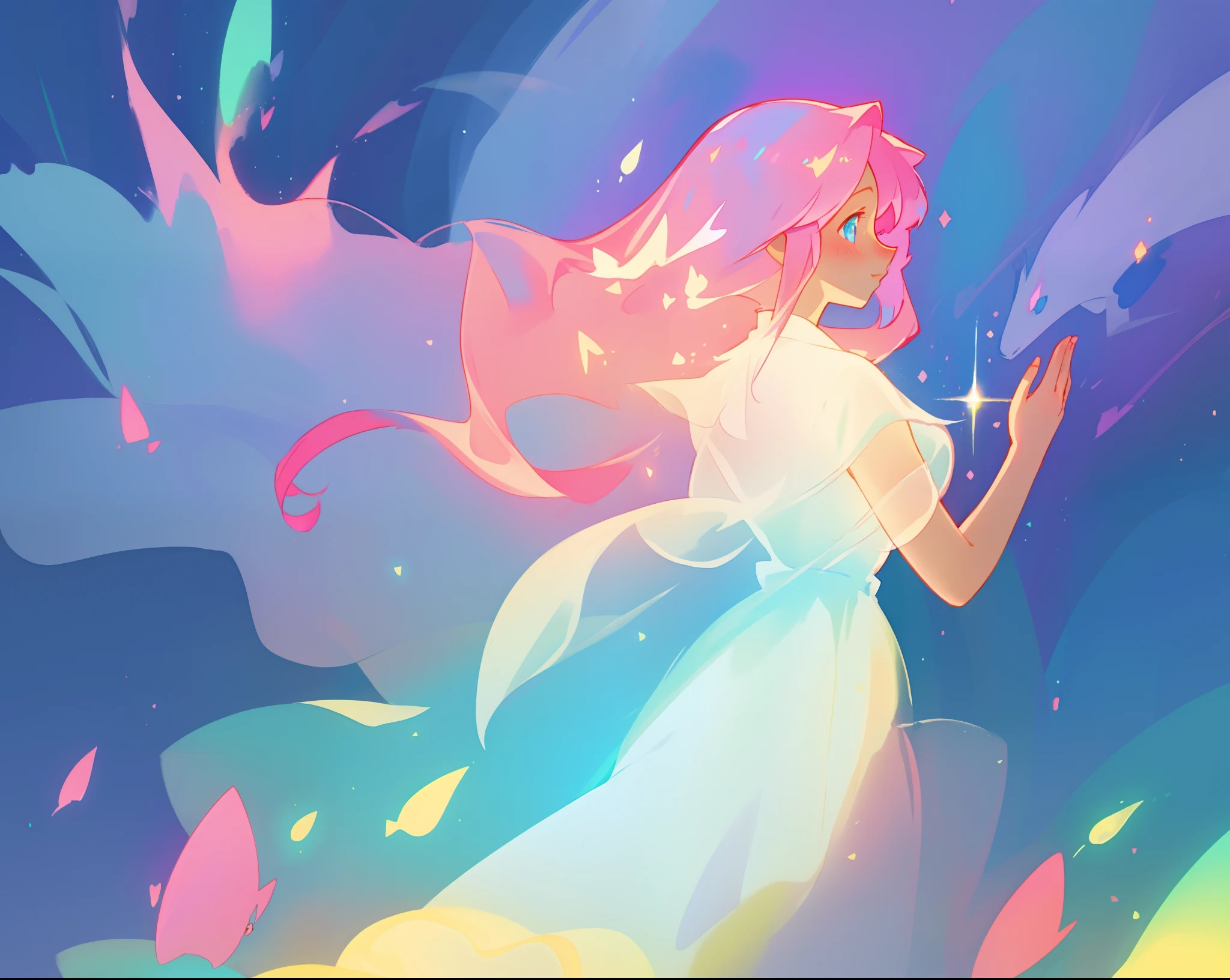beautiful girl in glowing white dress, ((flowing white ballgown)), (looking away, profile view), vibrant pastel colors, (colorful), magical lights, long flowing colorful pink hair, ((glowing aura around her)), flowing glowing hair, fantasia landscape background, whimsical, magical, fantasy, beautiful face, ((masterpiece, best quality)), intricate details, highly detailed, sharp focus, 8k resolution, sparkling detailed eyes, liquid watercolor