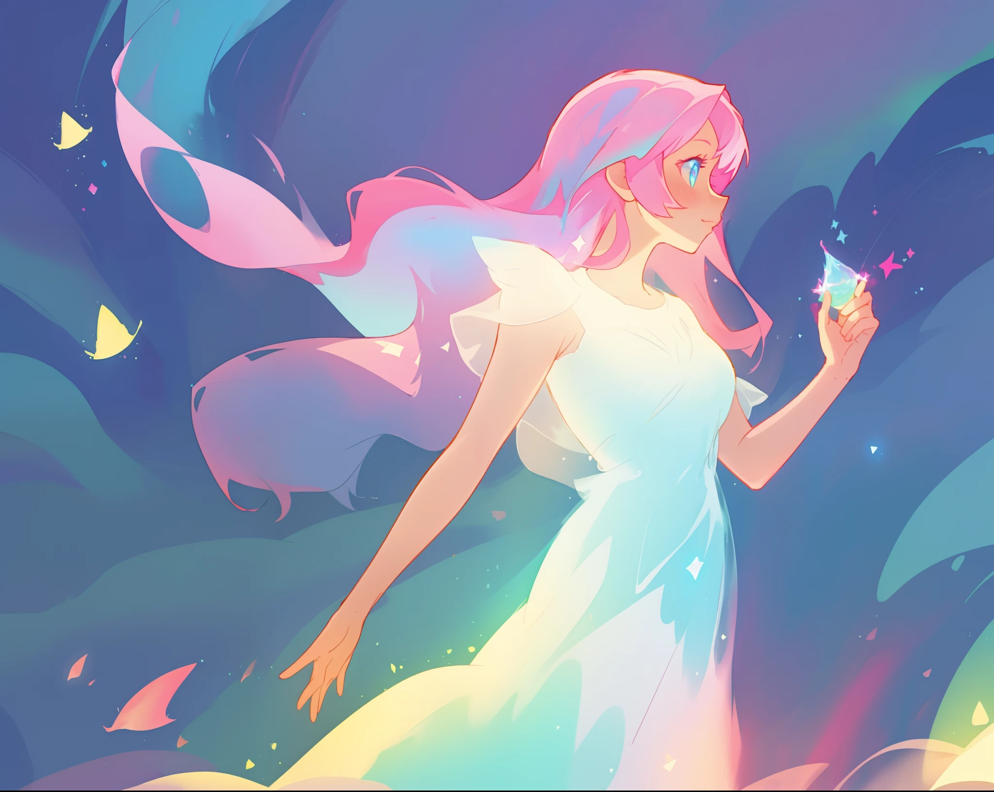 beautiful girl in glowing white dress, ((flowing white ballgown)), (looking away, profile view), vibrant pastel colors, (colorful), magical lights, long flowing colorful pink hair, ((glowing aura around her)), flowing glowing hair, fantasia landscape background, whimsical, magical, fantasy, beautiful face, ((masterpiece, best quality)), intricate details, highly detailed, sharp focus, 8k resolution, sparkling detailed eyes, liquid watercolor