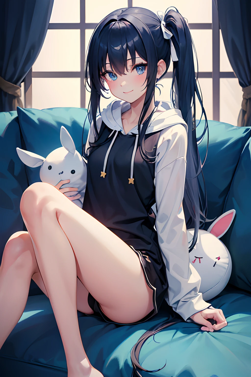 (*****, top-quality, 8K, masterpiece, Top image quality, Hi-Res, super detailing, Ultra HD, (Delicate and smooth skin, real looking skin, Perfect and beautiful face ,Perfect and cute face, high detail skin, Perfect limbs)), girl , blue eyes , blue hair , blue ribbon , blushing, hair ribbon , hood , one knee up , long hair , long sleeves , looking at viewer , looking to the side, pillow , rabbit stuffie, black short shorts , side ponytail , sidelocks , sitting on sofa, smile , solo , star symbol in eye , holding stuffed toy , white hoodie