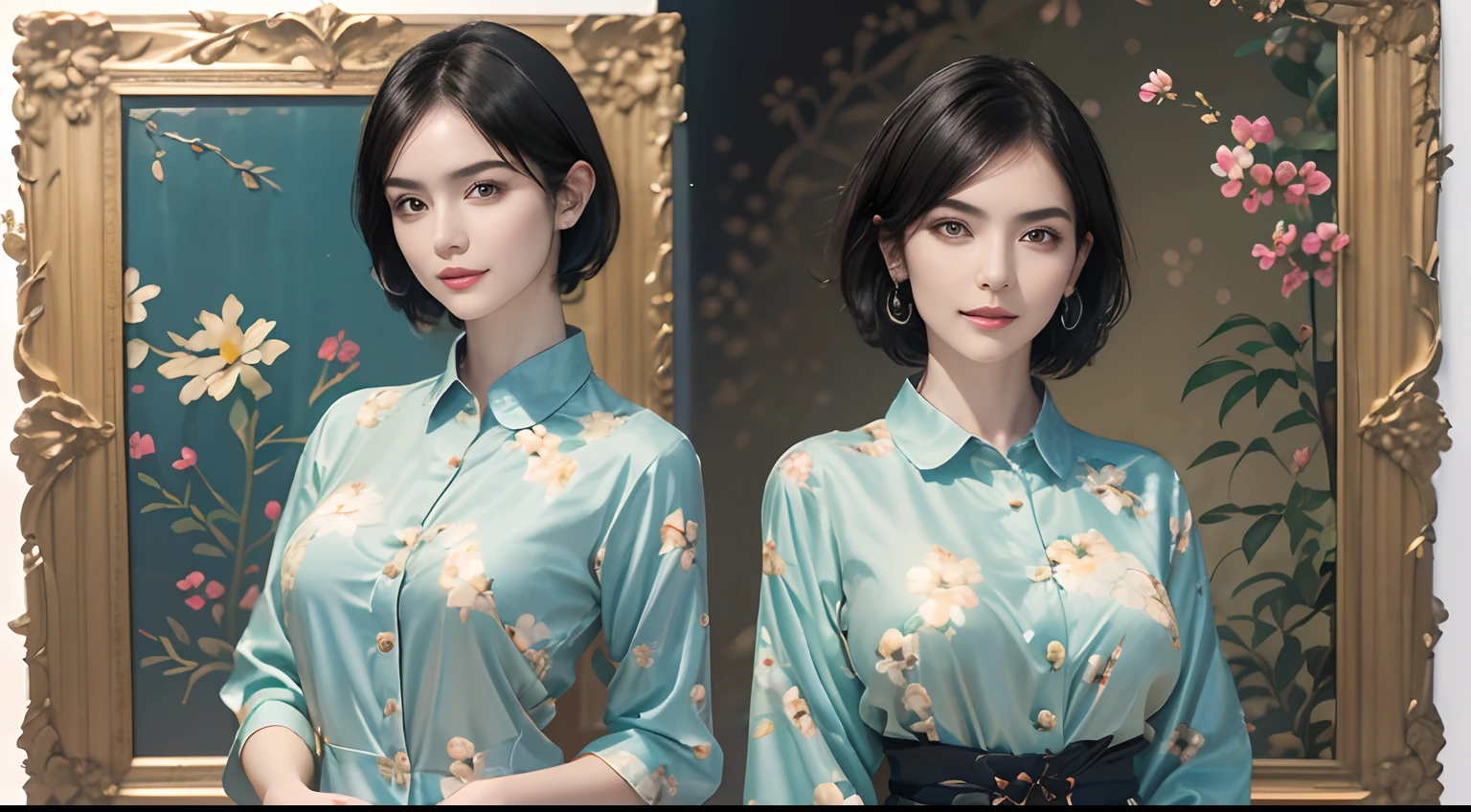 94
(a 20 yo woman,is standing), (A hyper-realistic), (masutepiece), ((short-hair:1.46)), (Smooth black hair), wear long pants, (Wearing a long-sleeved shirt with a floral print), (painterly、picture frame), (Gentle smile), (Keep your mouth shut), Light and Fractal Design